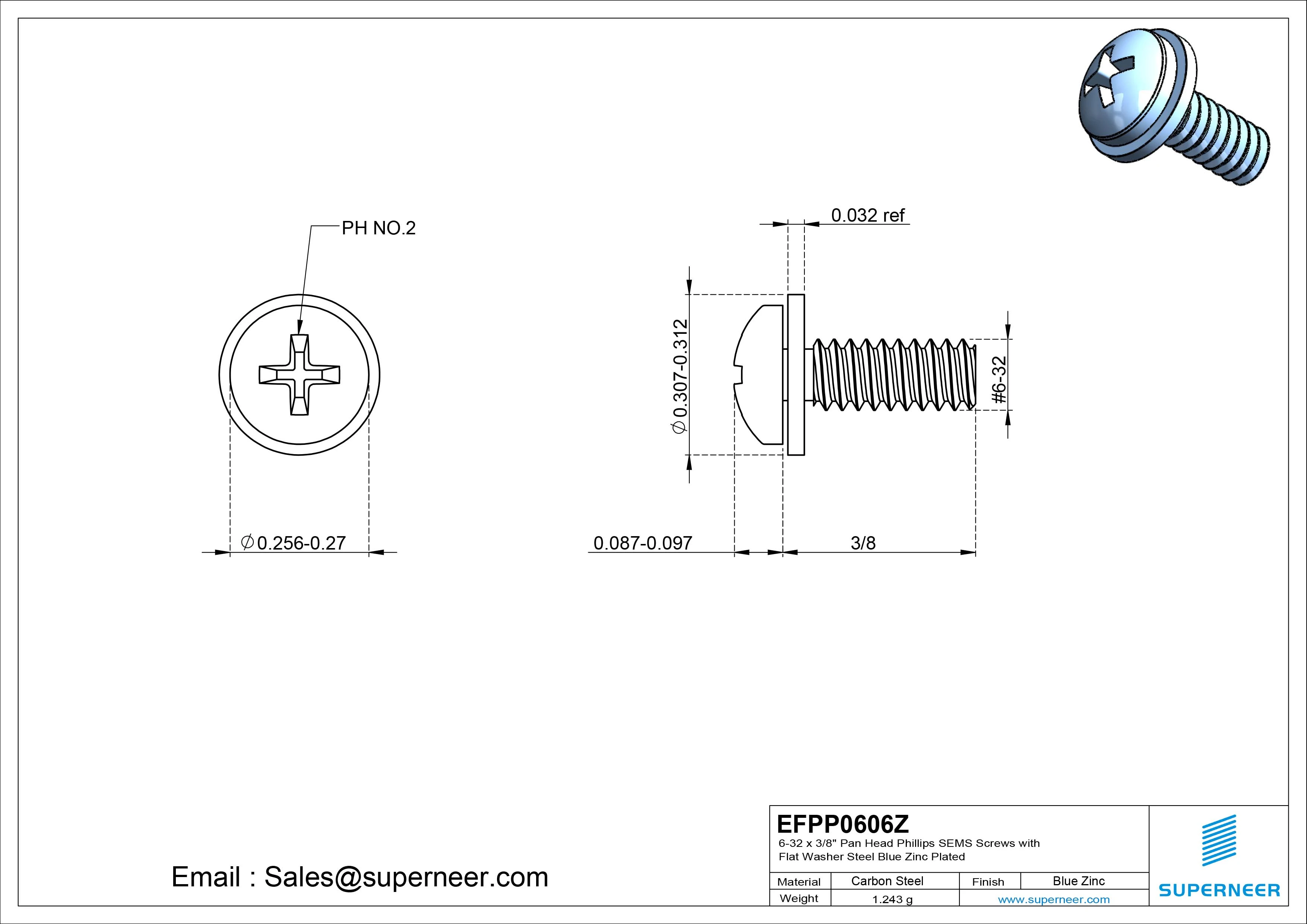 6-32 x 3/8" Pan Head Phillips SEMS Screws with Flat Washer Steel Blue Zinc Plated