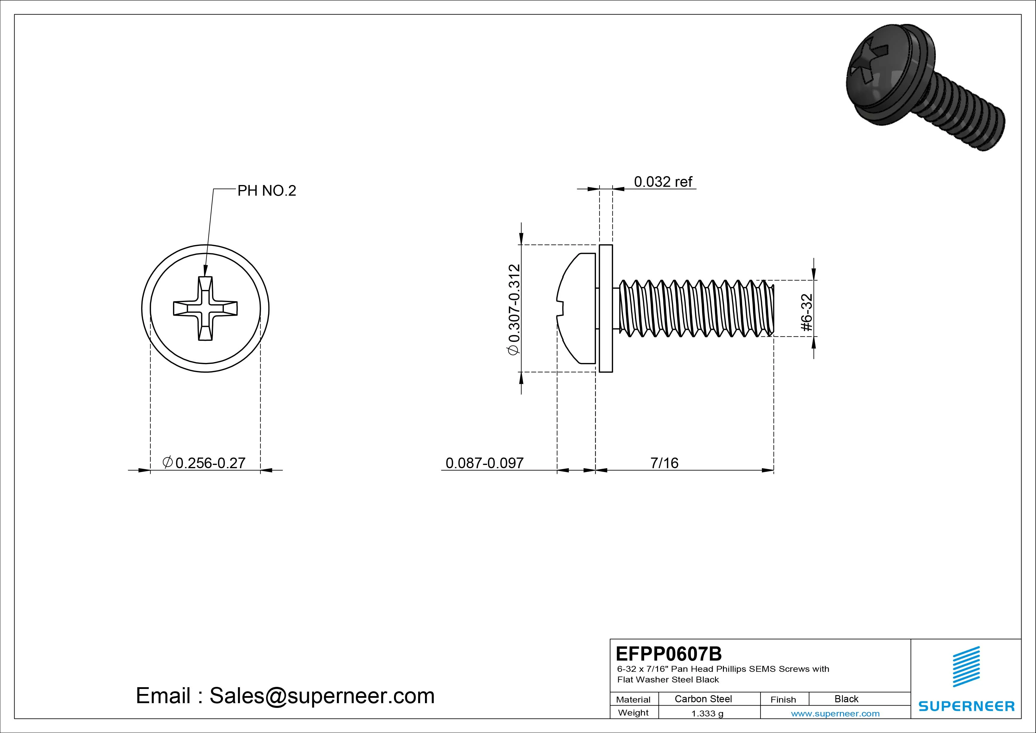 6-32 x 7/16" Pan Head Phillips SEMS Screws with Flat Washer Steel Black