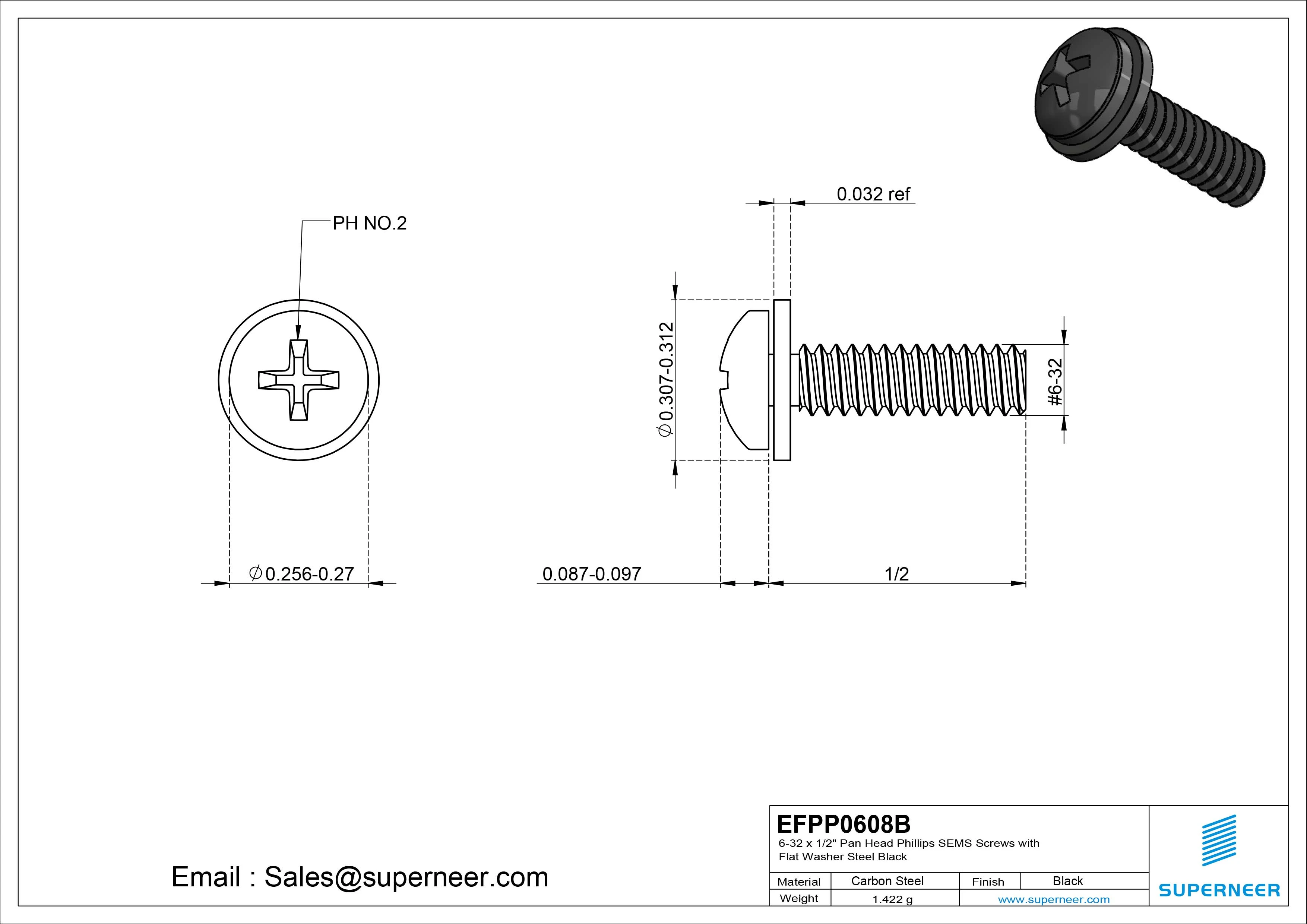6-32 x 1/2" Pan Head Phillips SEMS Screws with Flat Washer Steel Black