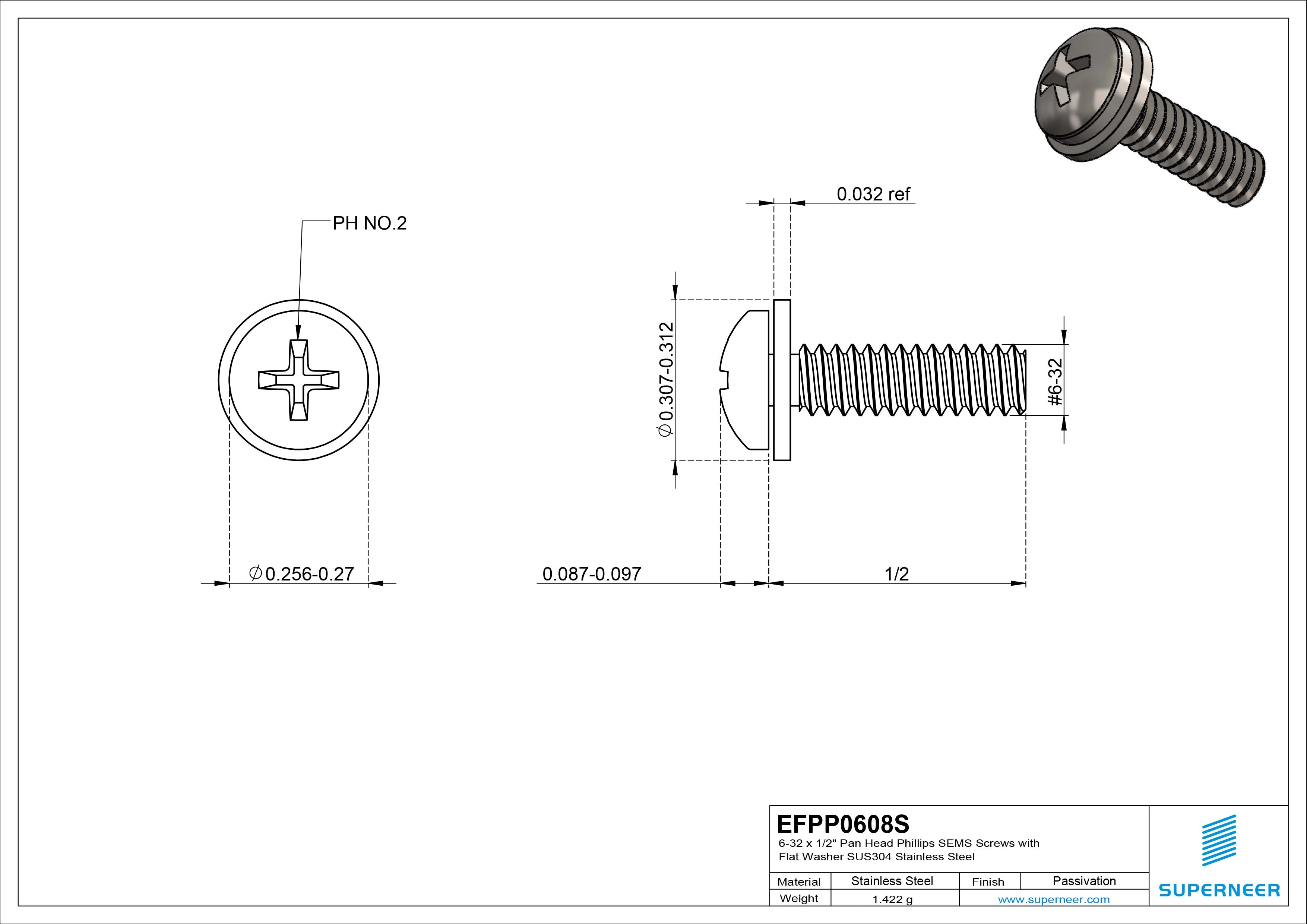 6-32 x 1/2" Pan Head Phillips SEMS Screws with Flat Washer SUS304 Stainless Steel Inox