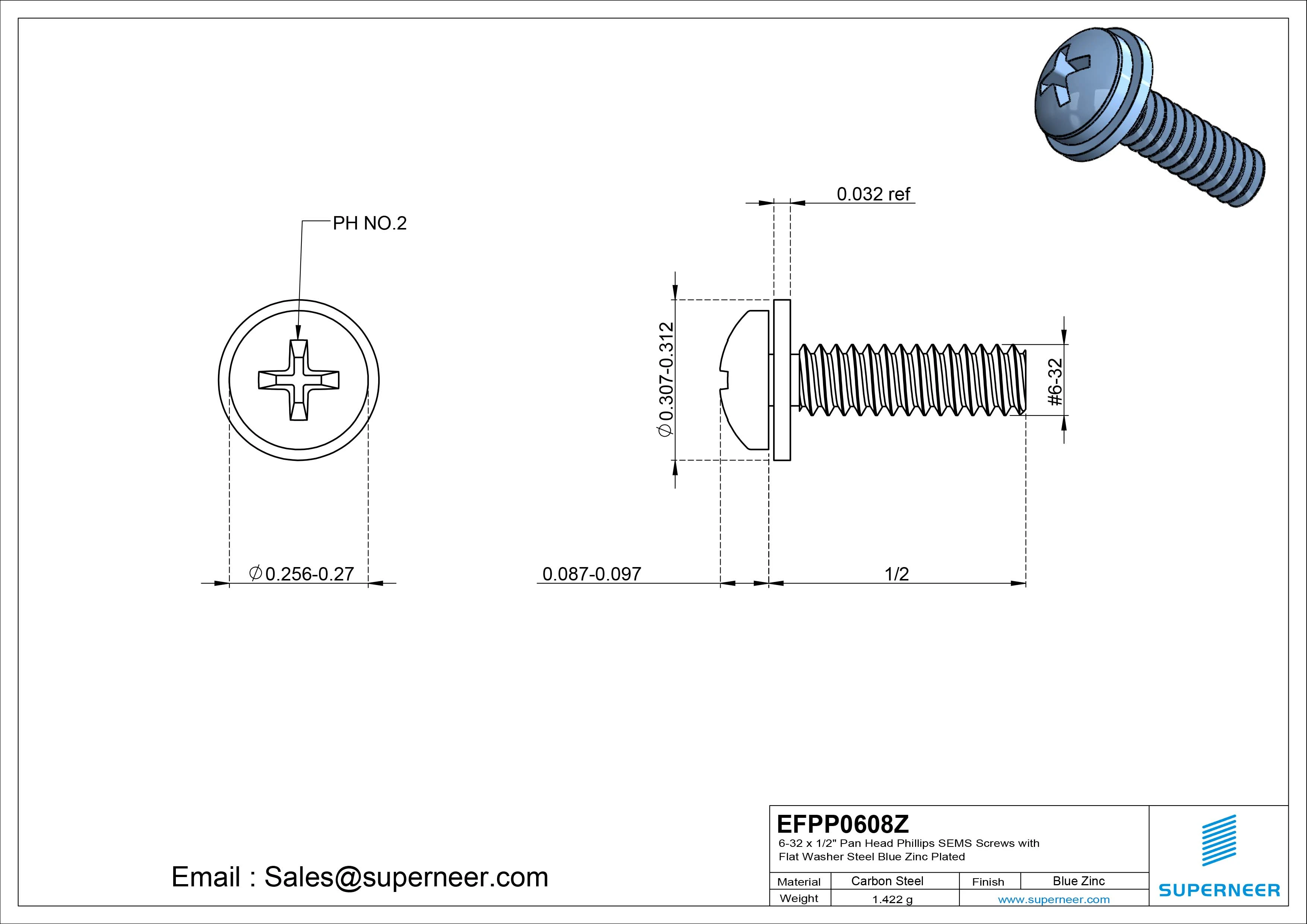 6-32 x 1/2" Pan Head Phillips SEMS Screws with Flat Washer Steel Blue Zinc Plated