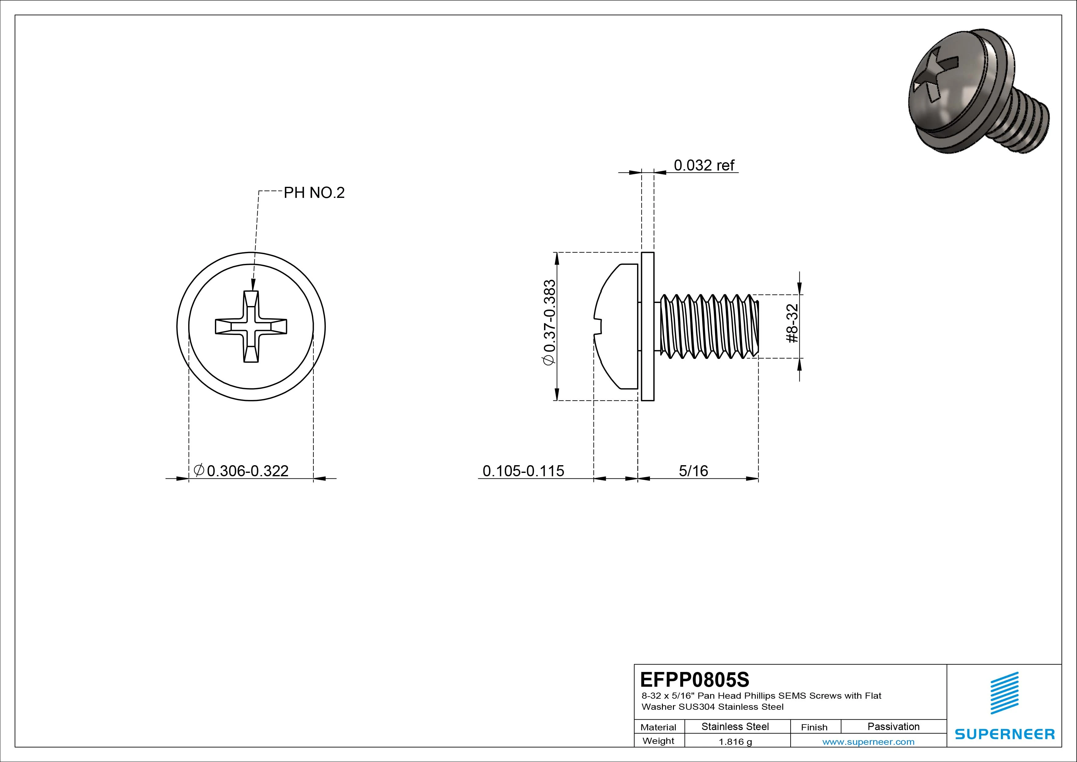 8-32 x 5/16" Pan Head Phillips SEMS Screws with Flat Washer SUS304 Stainless Steel Inox