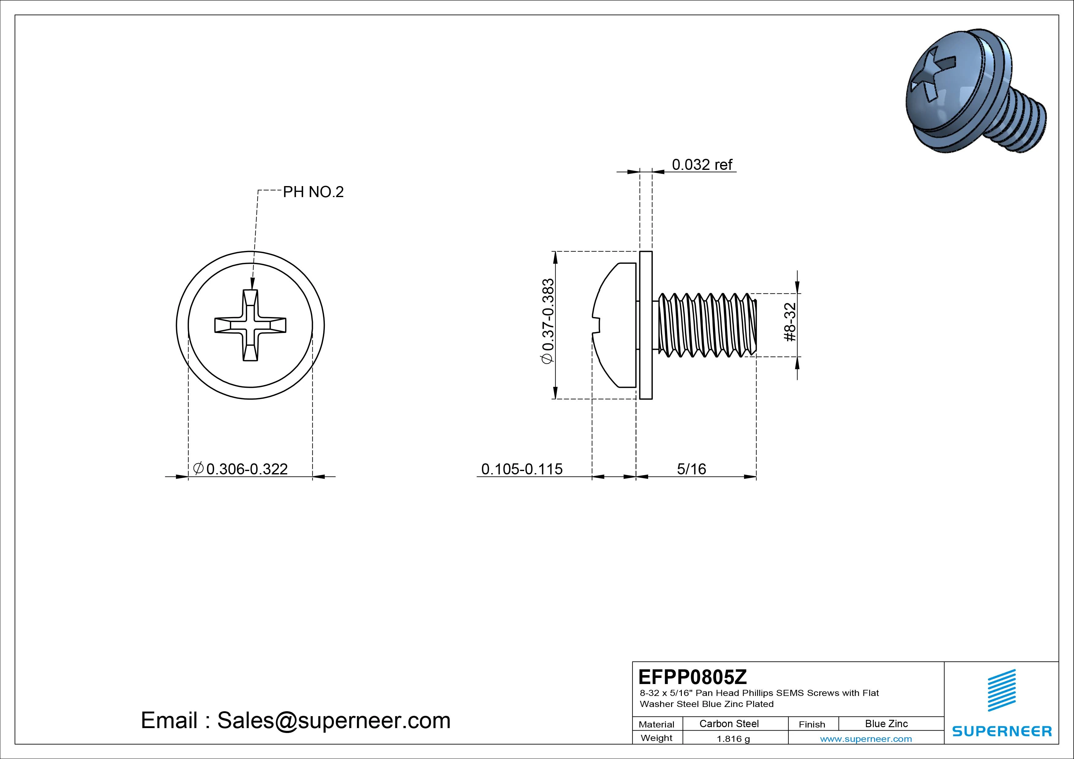 8-32 x 5/16" Pan Head Phillips SEMS Screws with Flat Washer Steel Blue Zinc Plated