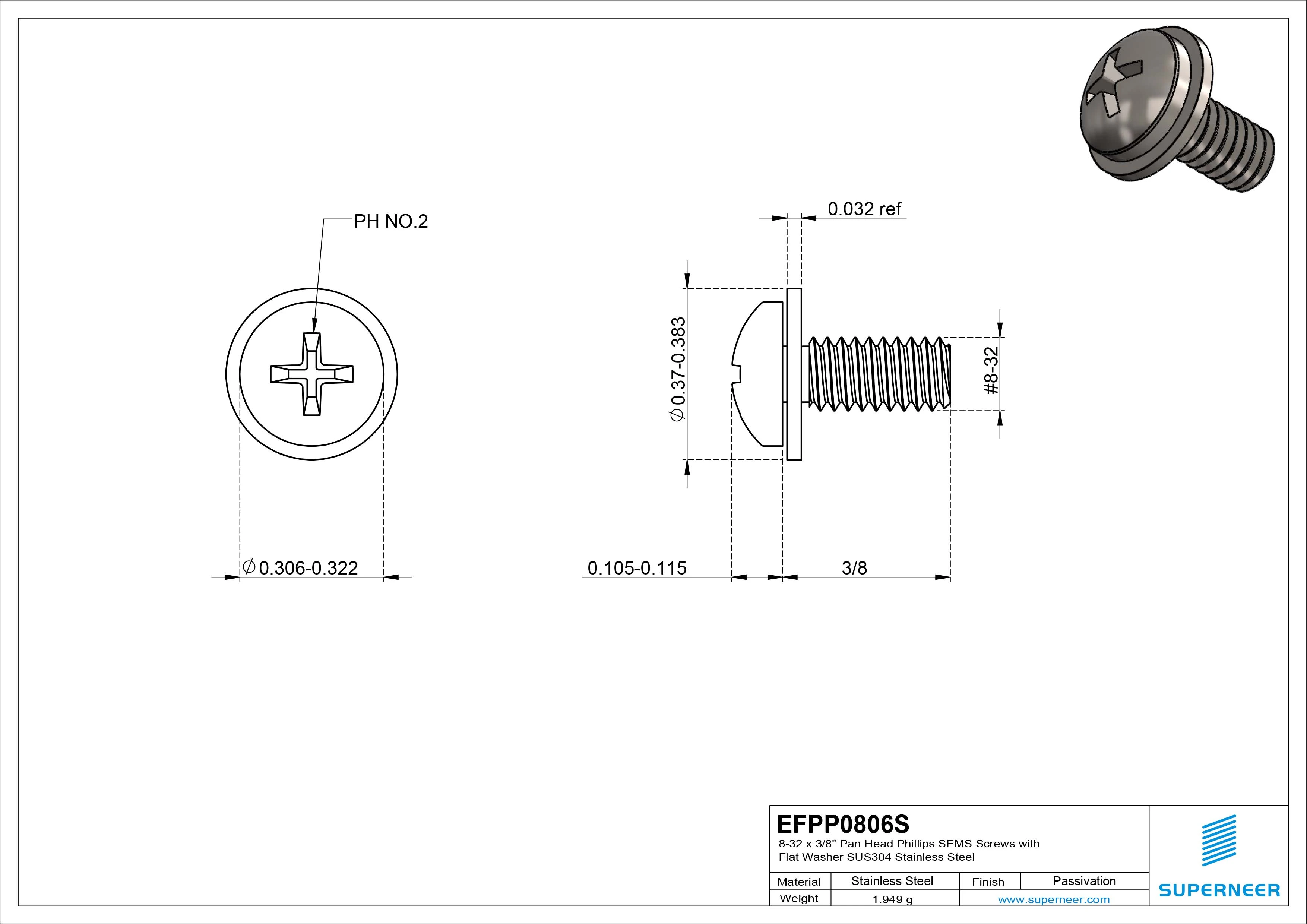 8-32 x 3/8" Pan Head Phillips SEMS Screws with Flat Washer SUS304 Stainless Steel Inox