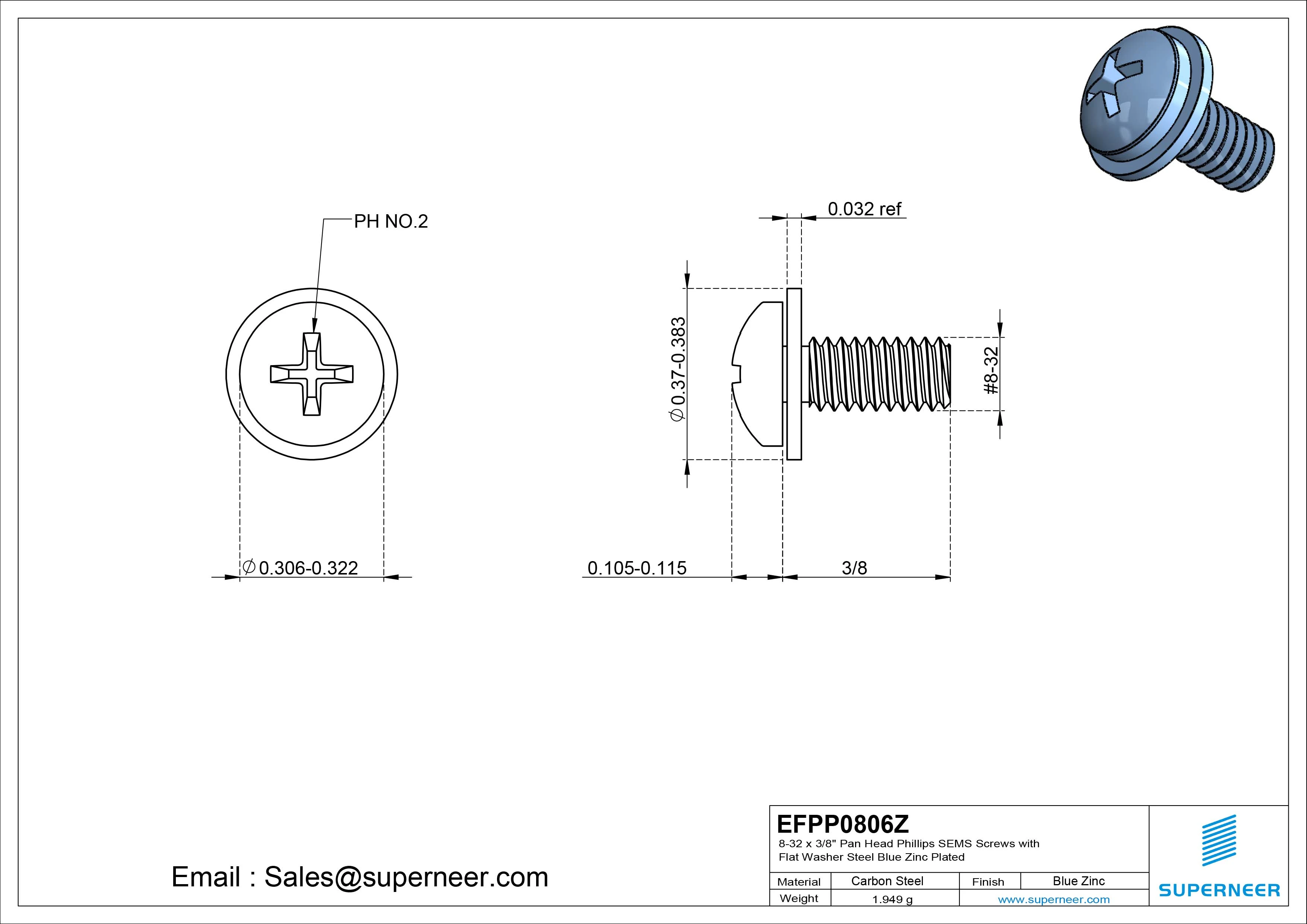 8-32 x 3/8" Pan Head Phillips SEMS Screws with Flat Washer Steel Blue Zinc Plated