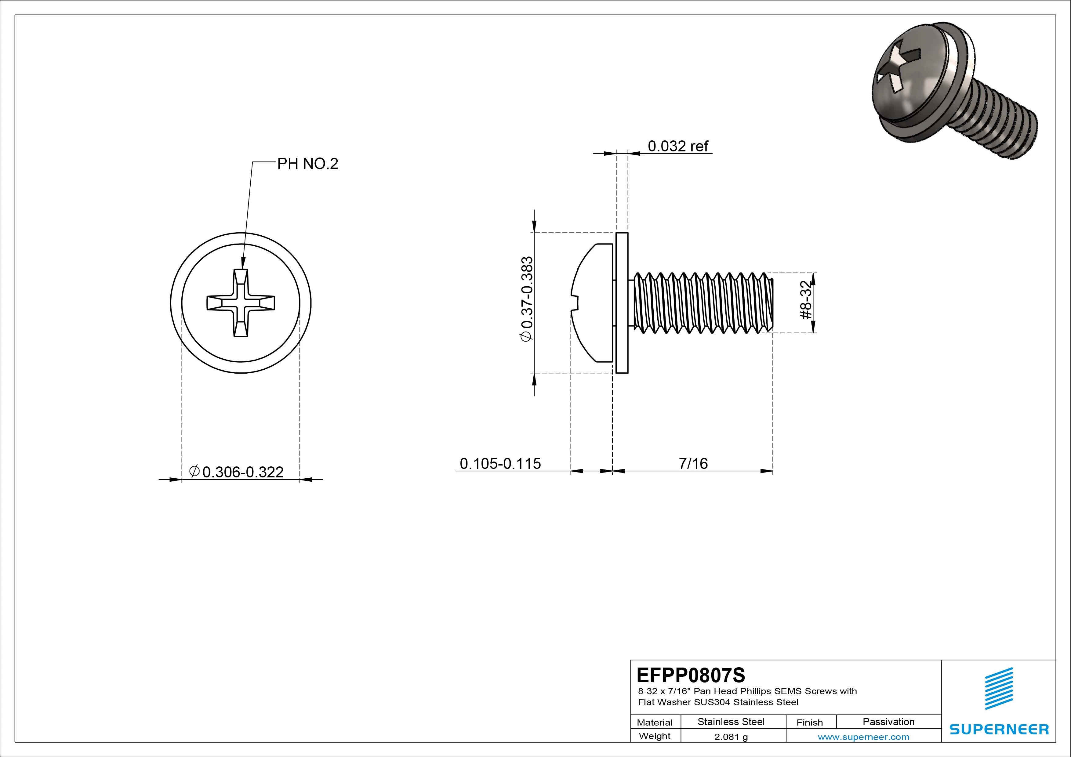 8-32 x 7/16" Pan Head Phillips SEMS Screws with Flat Washer SUS304 Stainless Steel Inox