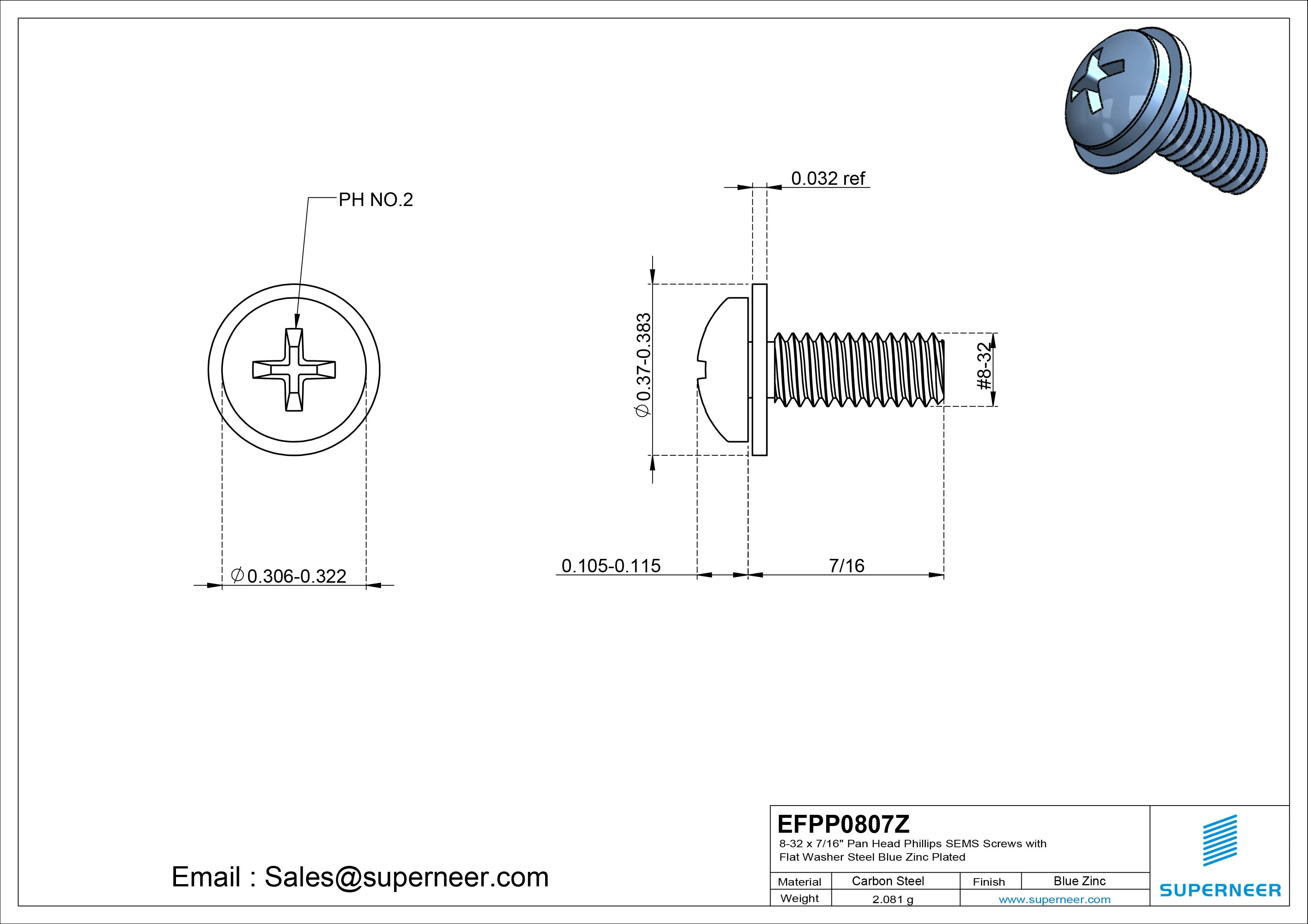 8-32 x 7/16" Pan Head Phillips SEMS Screws with Flat Washer Steel Blue Zinc Plated