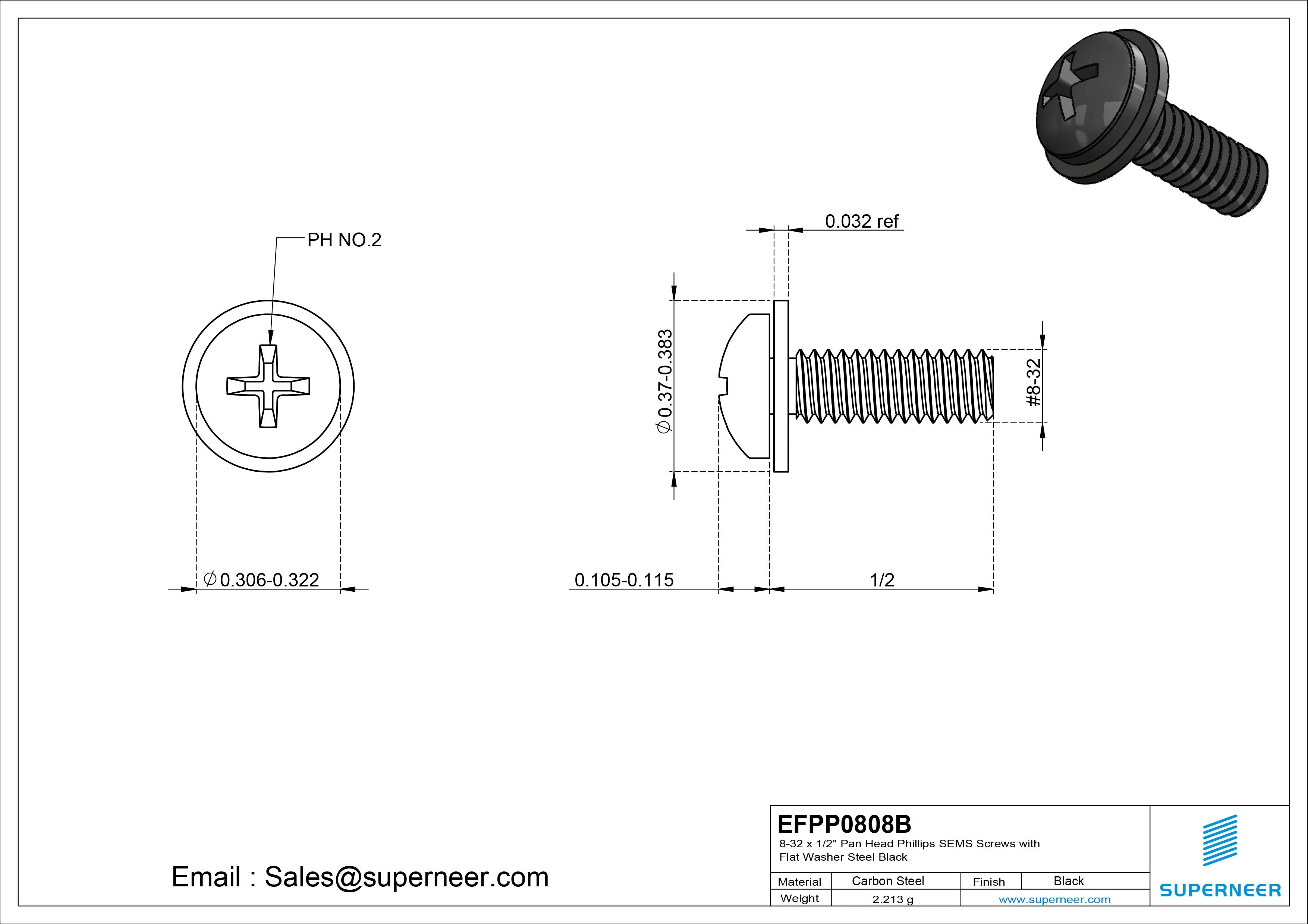 8-32 x 1/2" Pan Head Phillips SEMS Screws with Flat Washer Steel Black