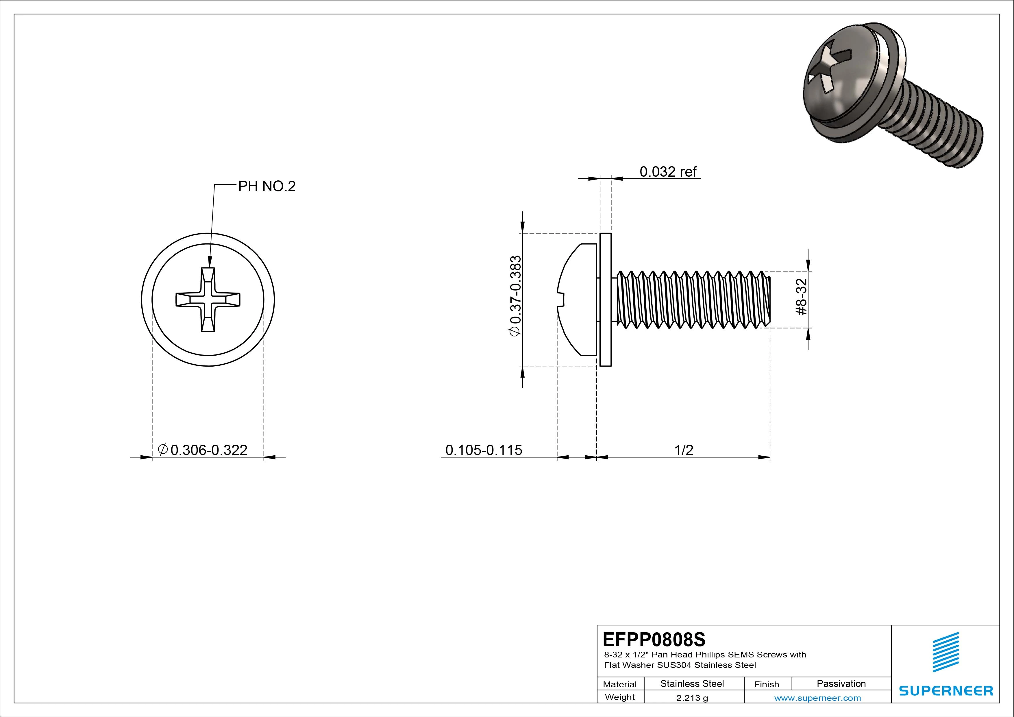 8-32 x 1/2" Pan Head Phillips SEMS Screws with Flat Washer SUS304 Stainless Steel Inox