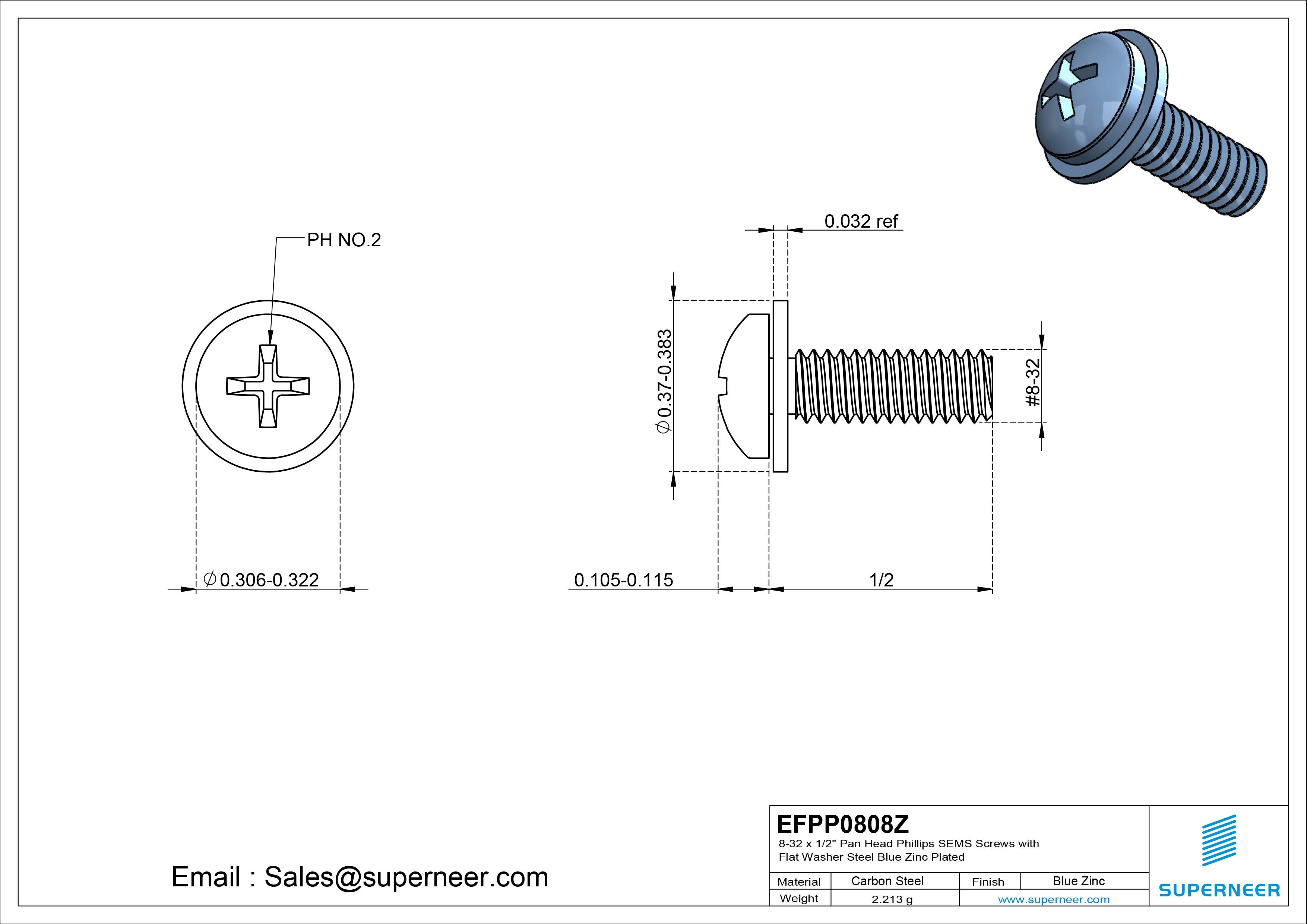 8-32 x 1/2" Pan Head Phillips SEMS Screws with Flat Washer Steel Blue Zinc Plated