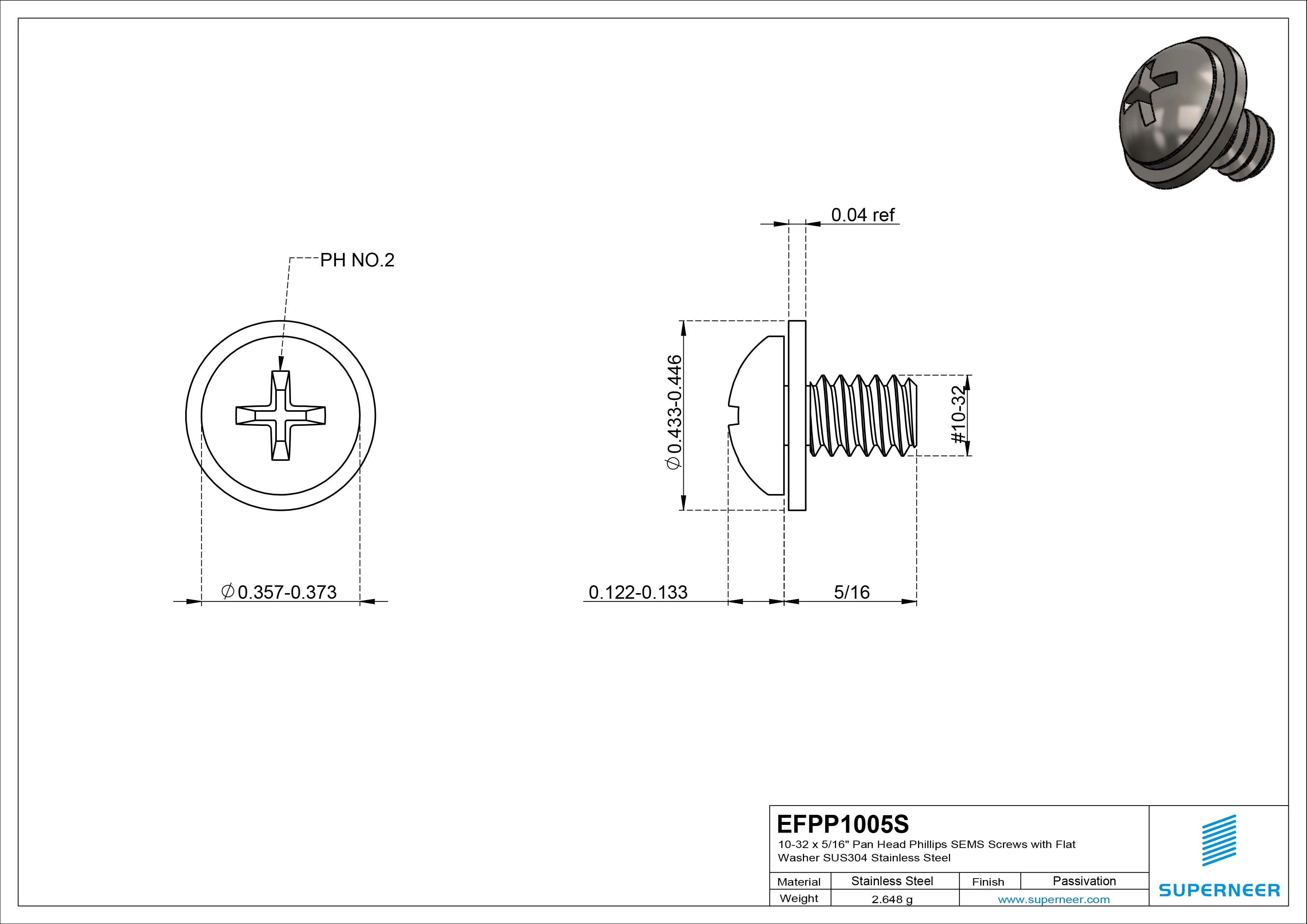 10-32 x 5/16" Pan Head Phillips SEMS Screws with Flat Washer SUS304 Stainless Steel Inox