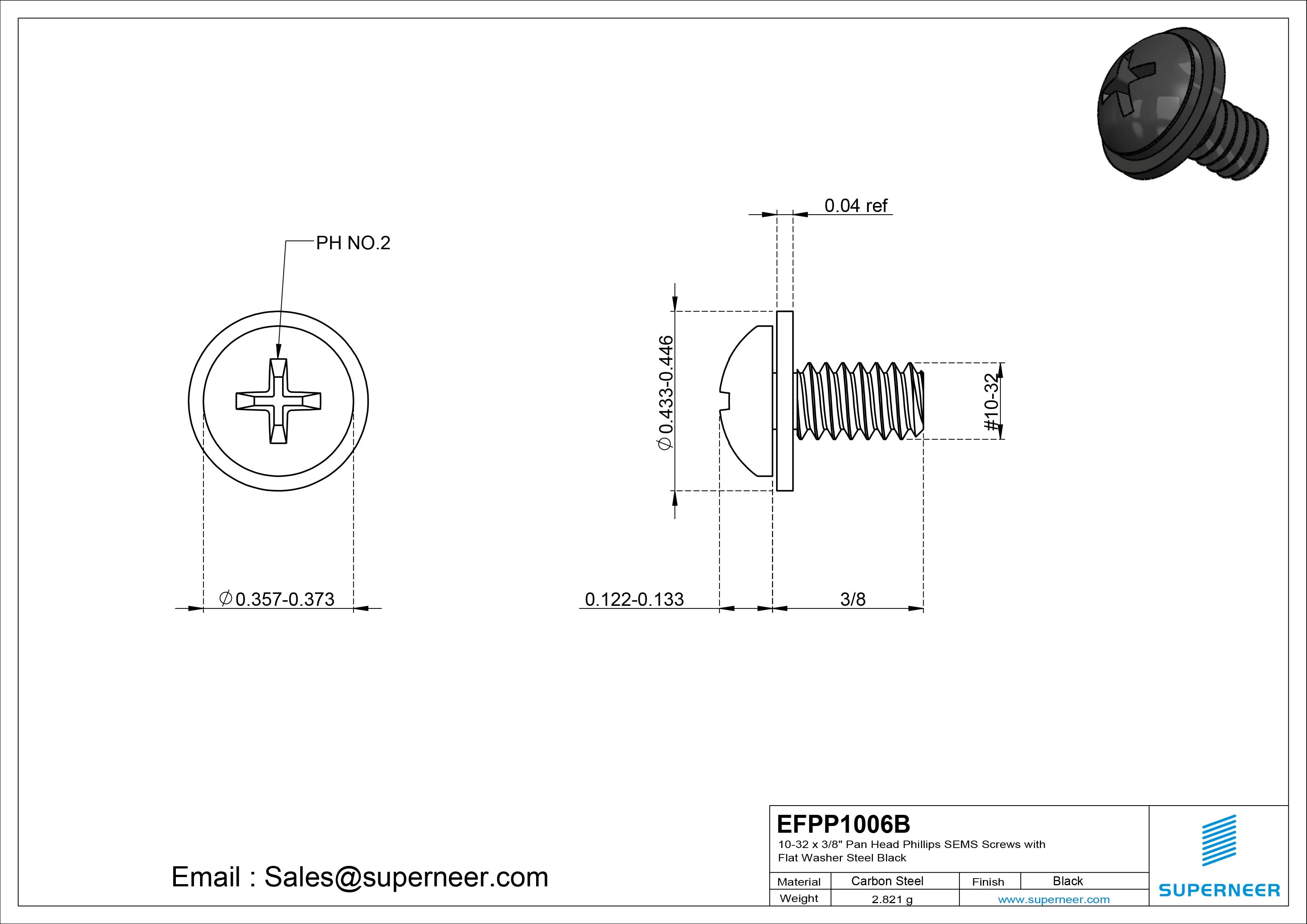 10-32 x 3/8" Pan Head Phillips SEMS Screws with Flat Washer Steel Black