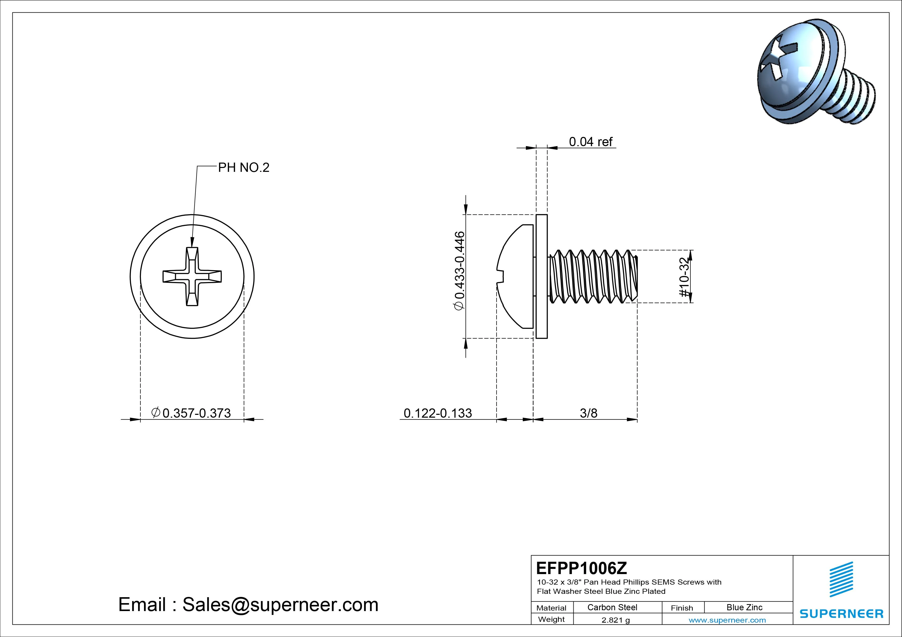10-32 x 3/8" Pan Head Phillips SEMS Screws with Flat Washer Steel Blue Zinc Plated