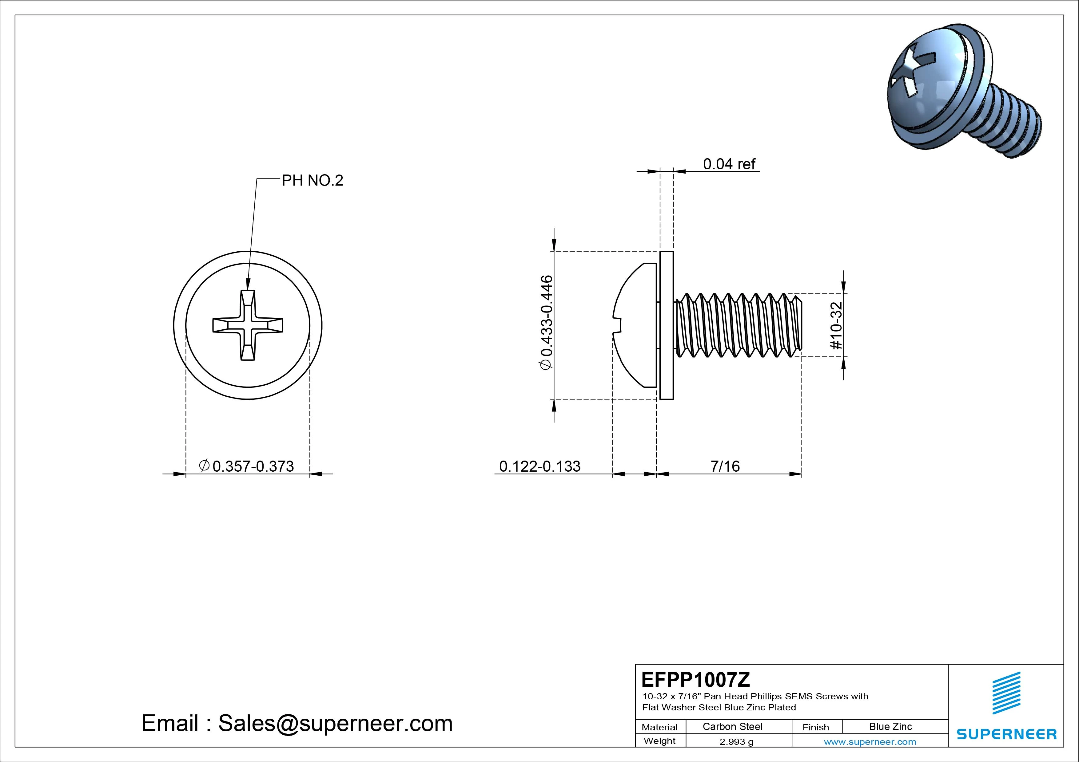 10-32 x 7/16" Pan Head Phillips SEMS Screws with Flat Washer Steel Blue Zinc Plated