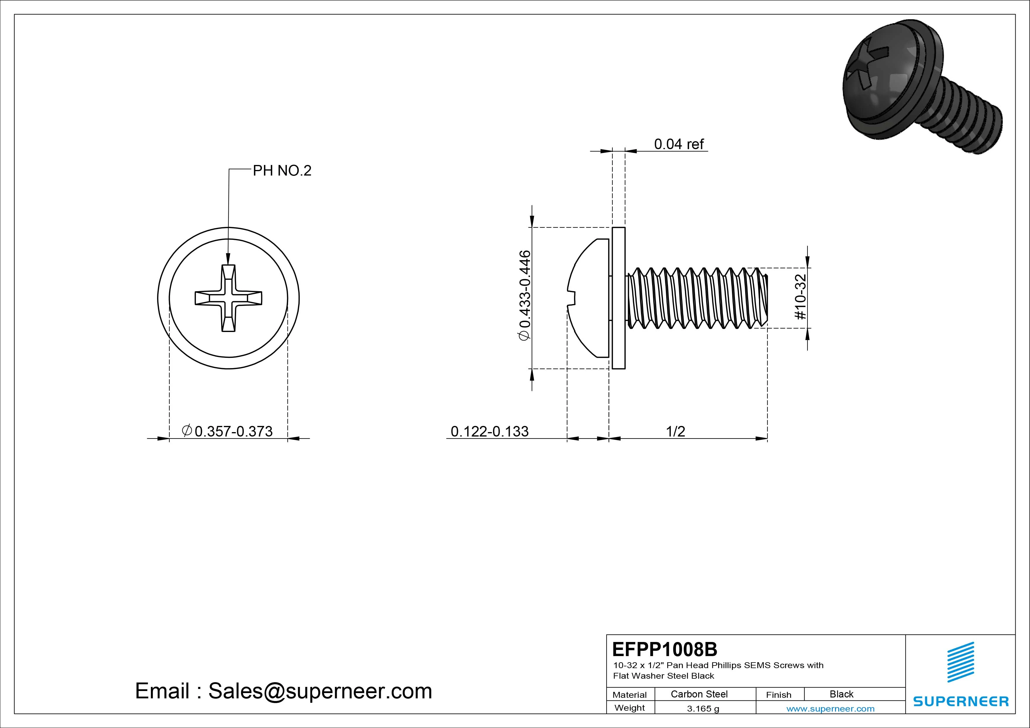 10-32 x 1/2" Pan Head Phillips SEMS Screws with Flat Washer Steel Black