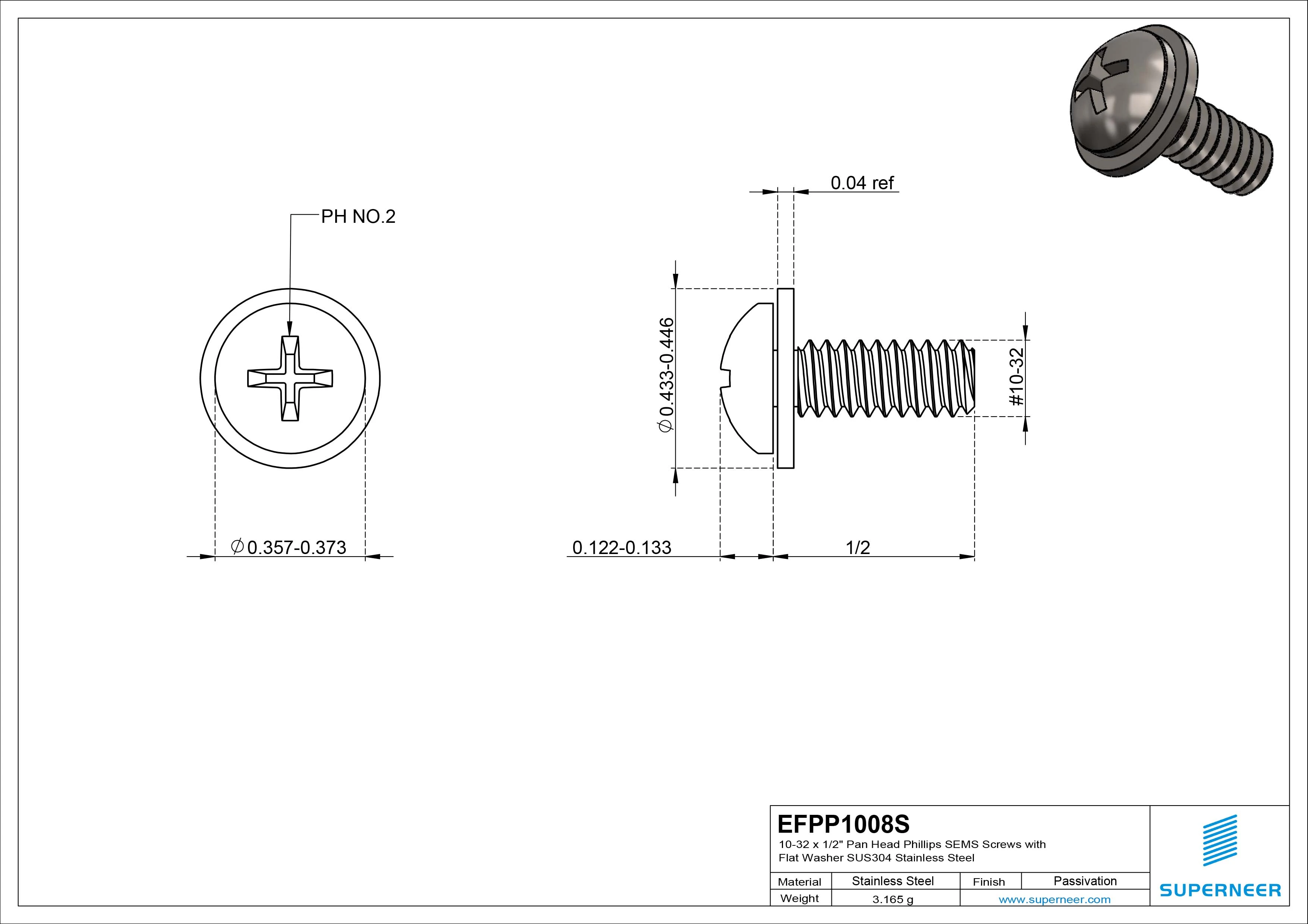 10-32 x 1/2" Pan Head Phillips SEMS Screws with Flat Washer SUS304 Stainless Steel Inox