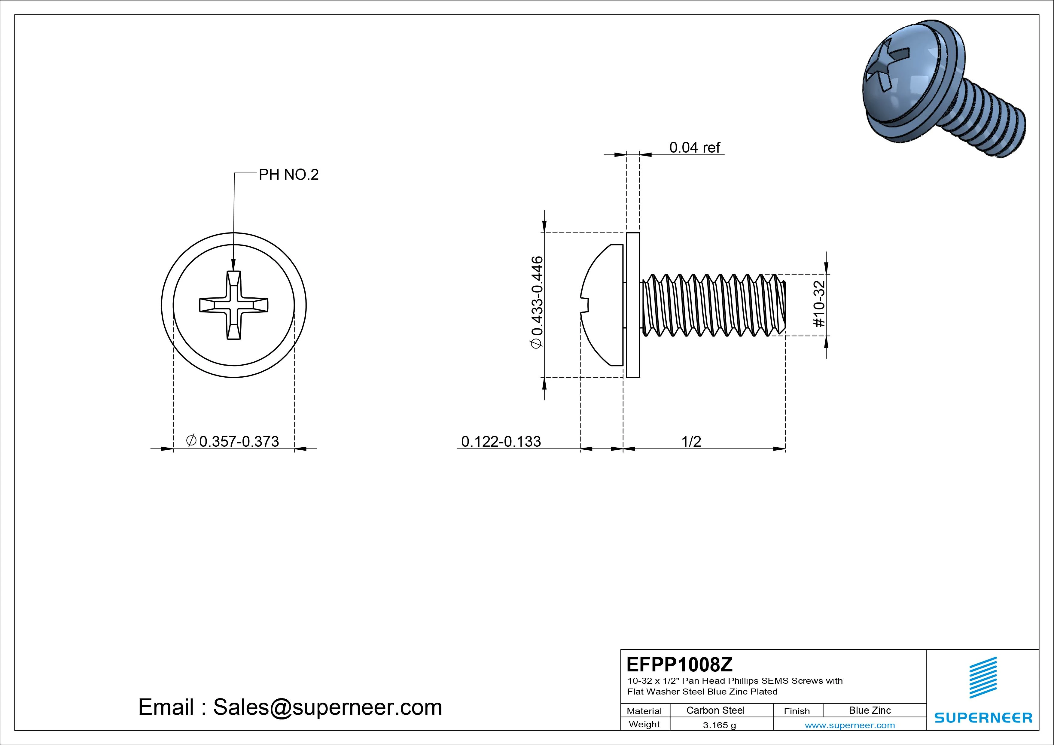 10-32 x 1/2" Pan Head Phillips SEMS Screws with Flat Washer Steel Blue Zinc Plated