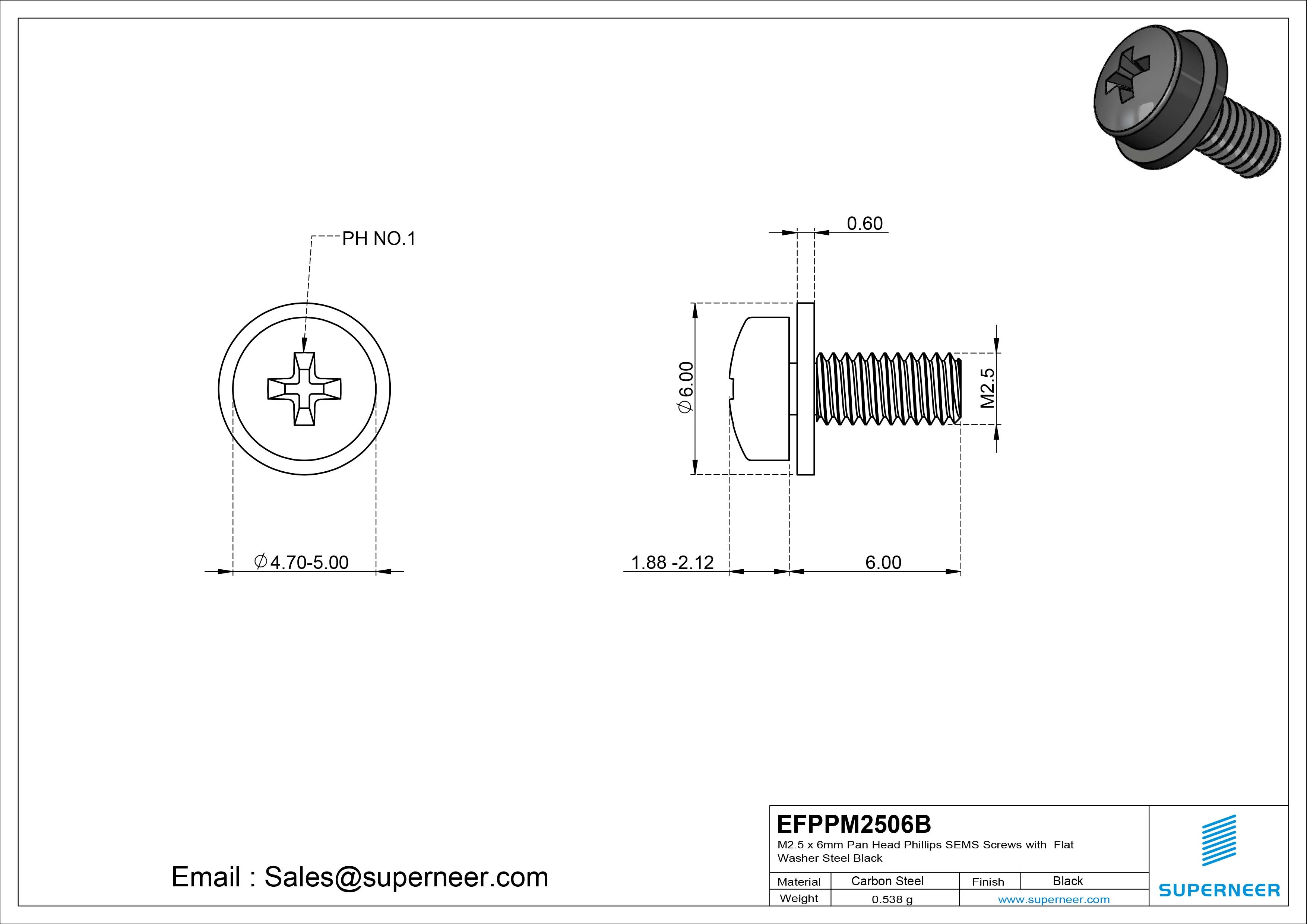M2.5 x 6mm Pan Head Phillips SEMS Screws with Flat Washer Steel Black