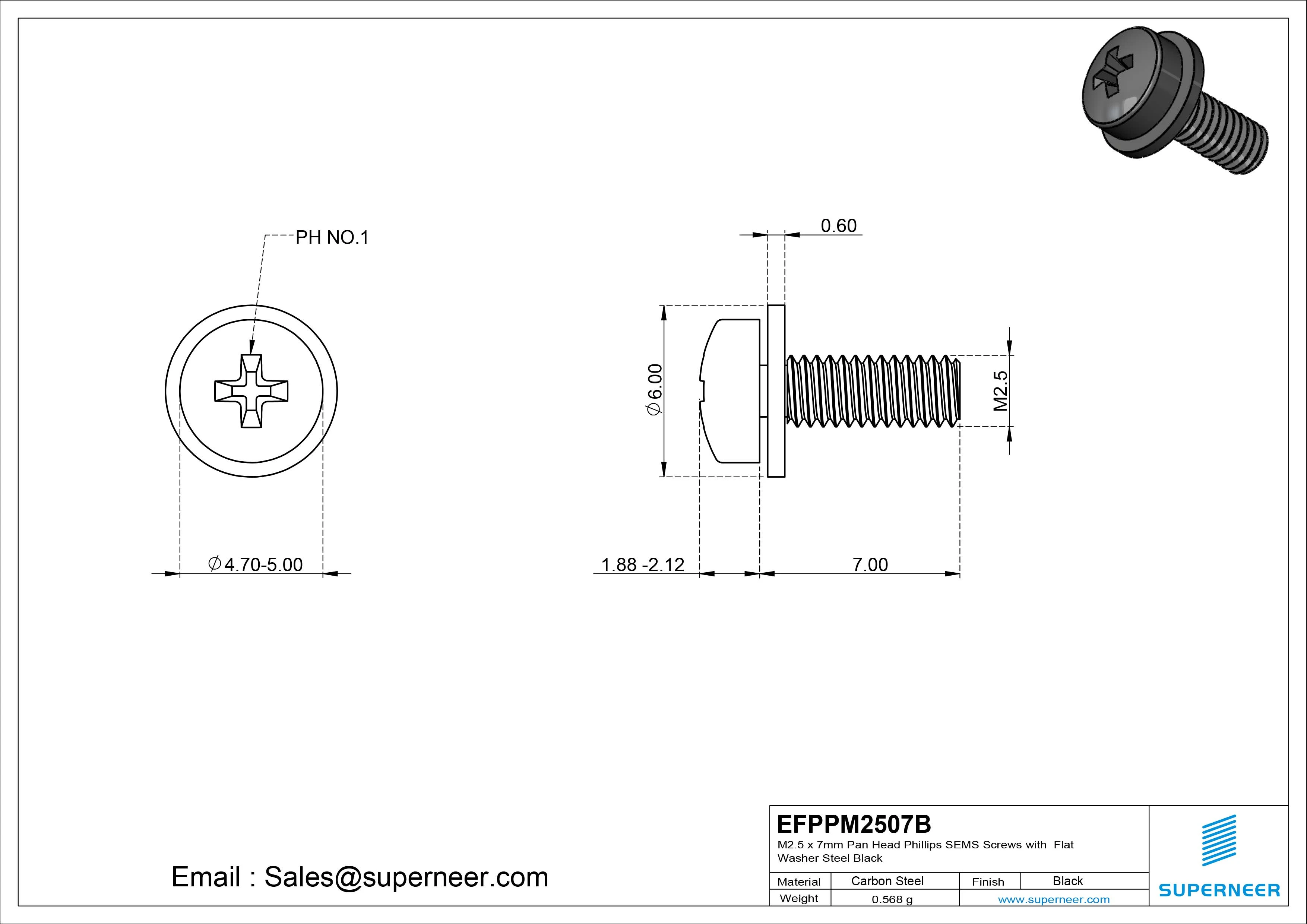 M2.5 x 7mm Pan Head Phillips SEMS Screws with Flat Washer Steel Black