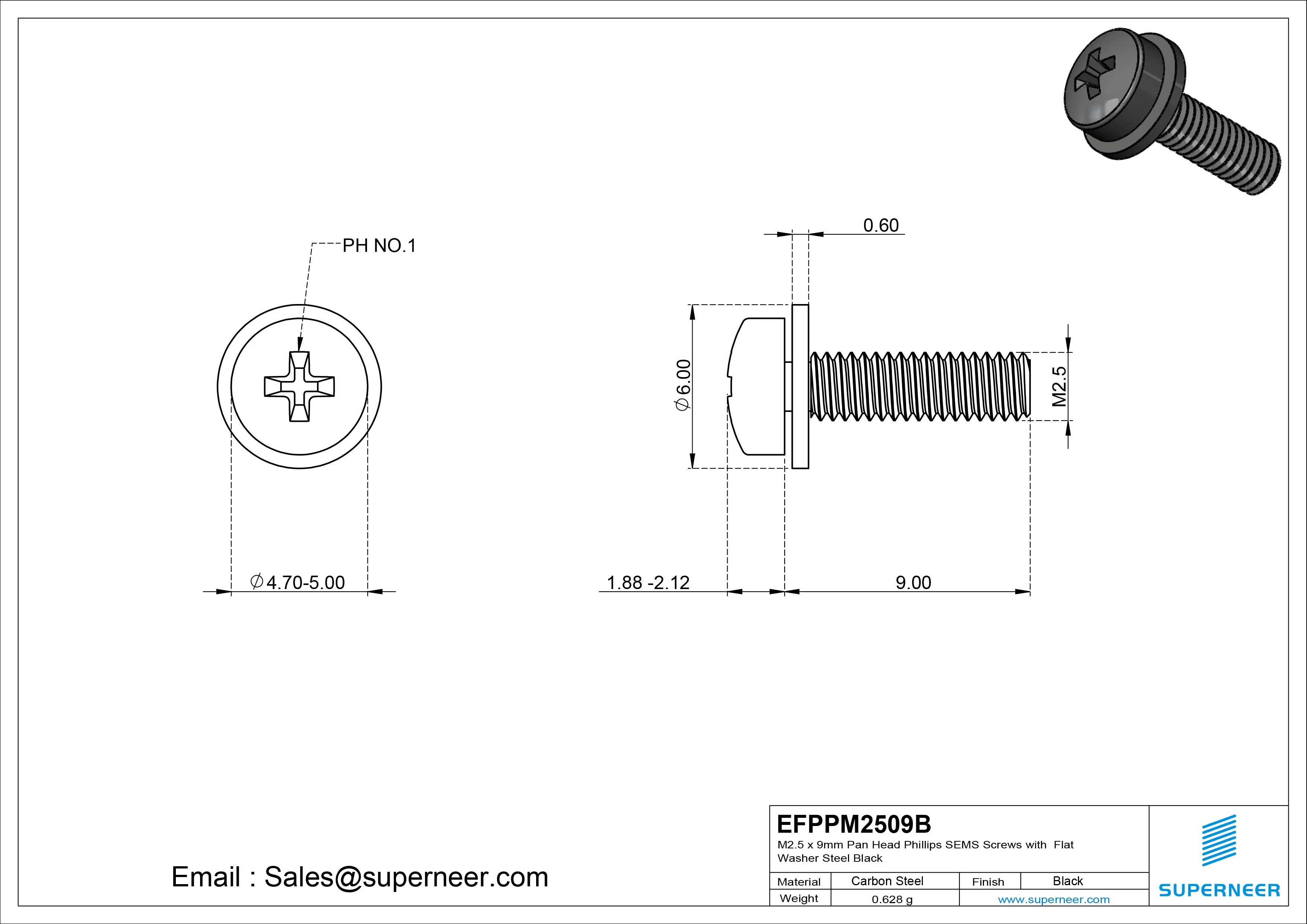 M2.5 x 9mm Pan Head Phillips SEMS Screws with Flat Washer Steel Black