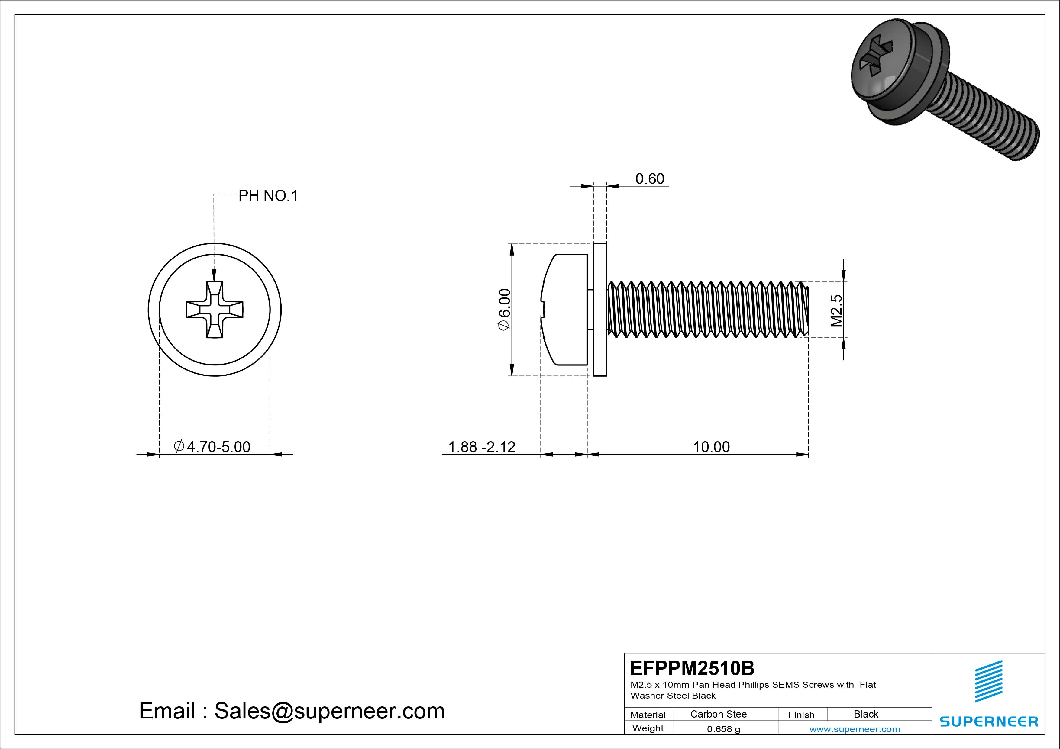M2.5 x 10mm Pan Head Phillips SEMS Screws with Flat Washer Steel Black