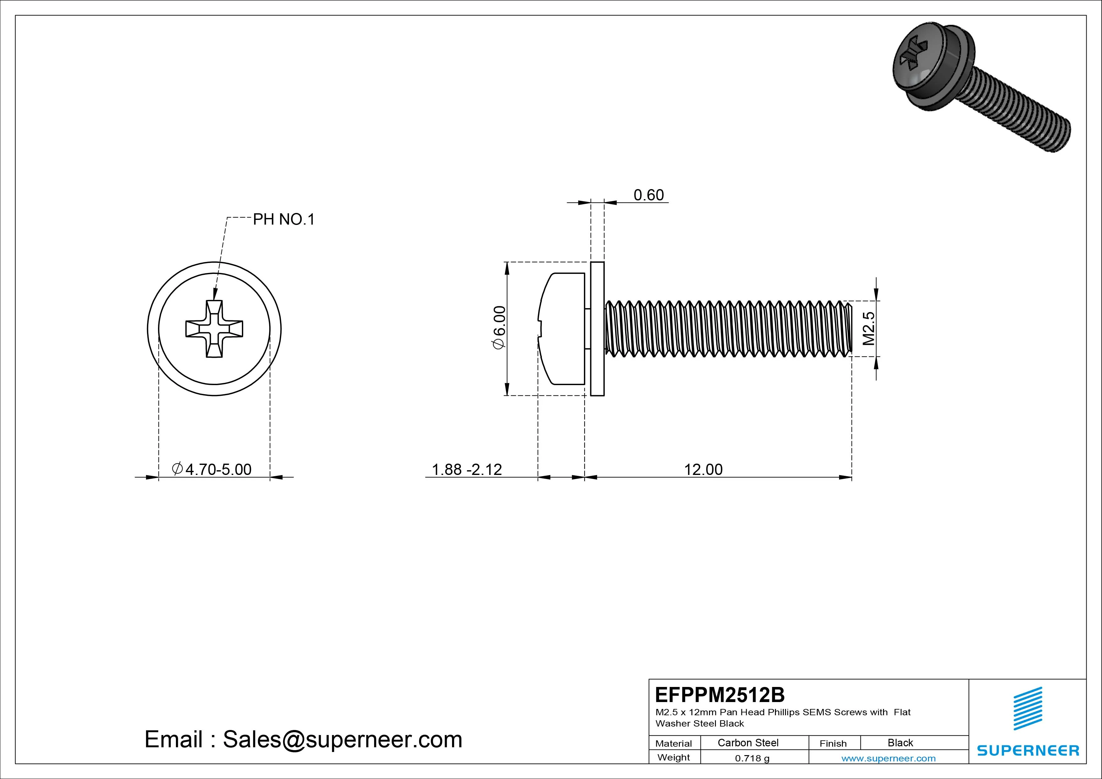 M2.5 x 12mm Pan Head Phillips SEMS Screws with Flat Washer Steel Black
