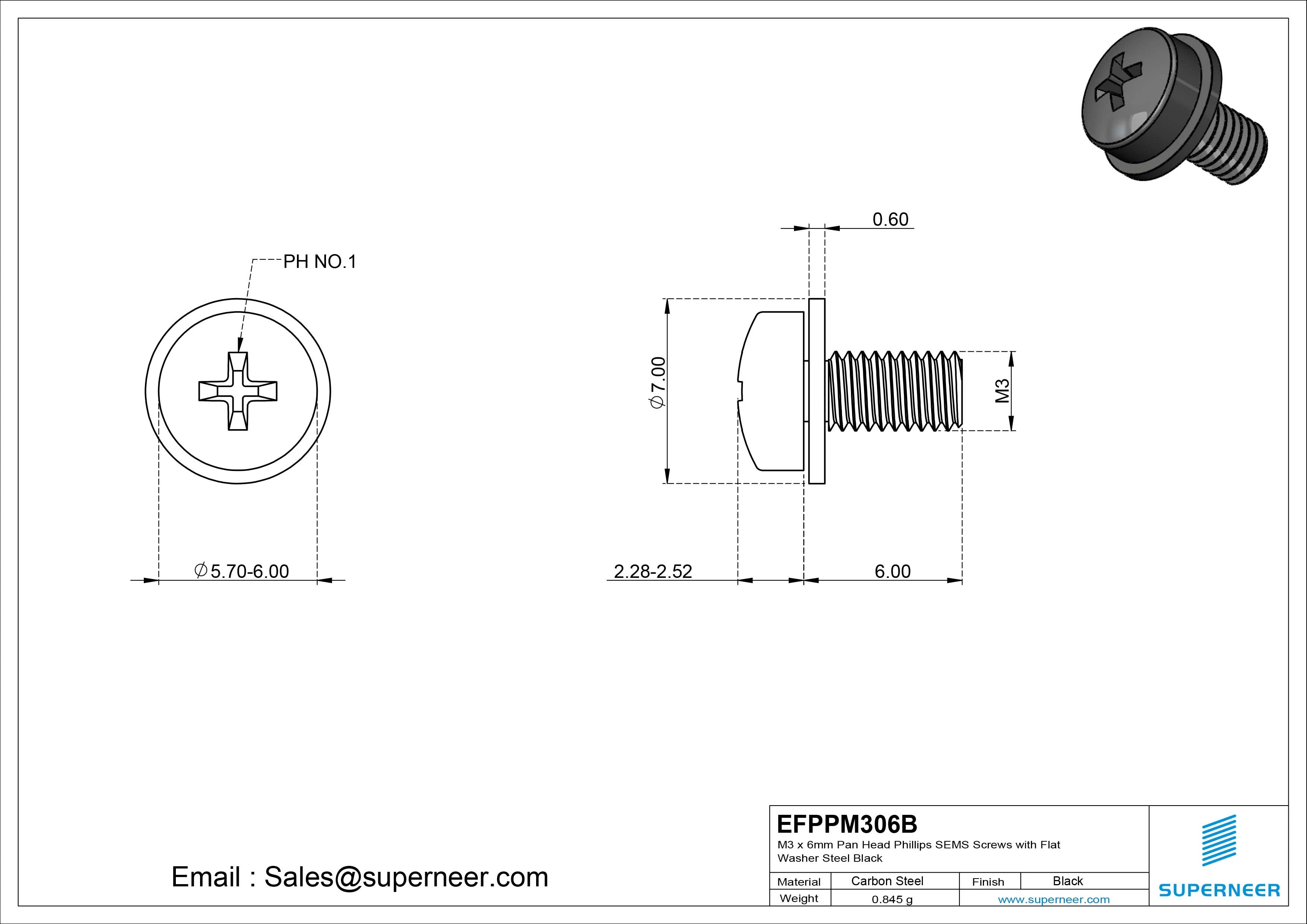 M3 x 6mm Pan Head Phillips SEMS Screws with Flat Washer Steel Black