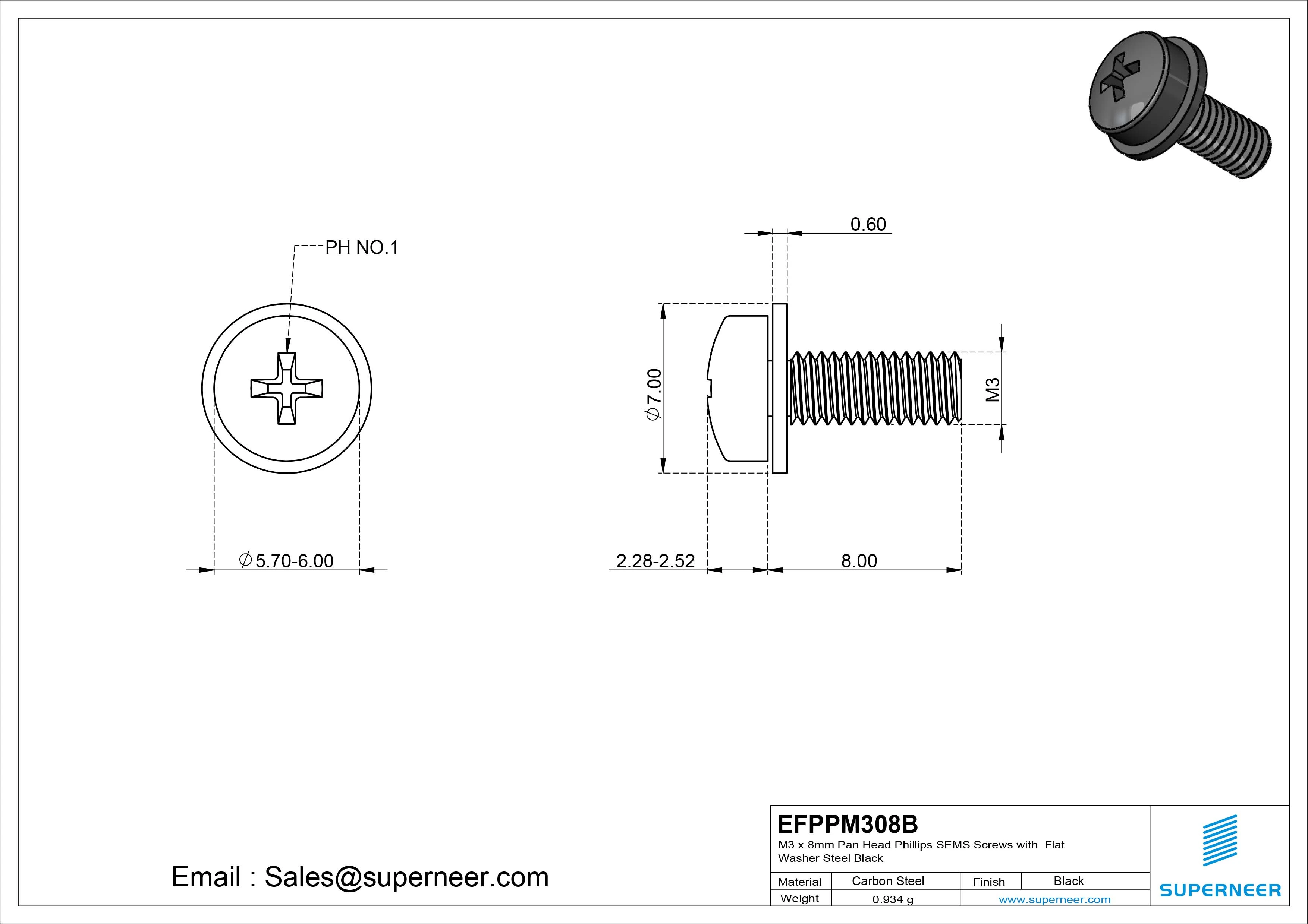 M3 x 8mm Pan Head Phillips SEMS Screws with Flat Washer Steel Black