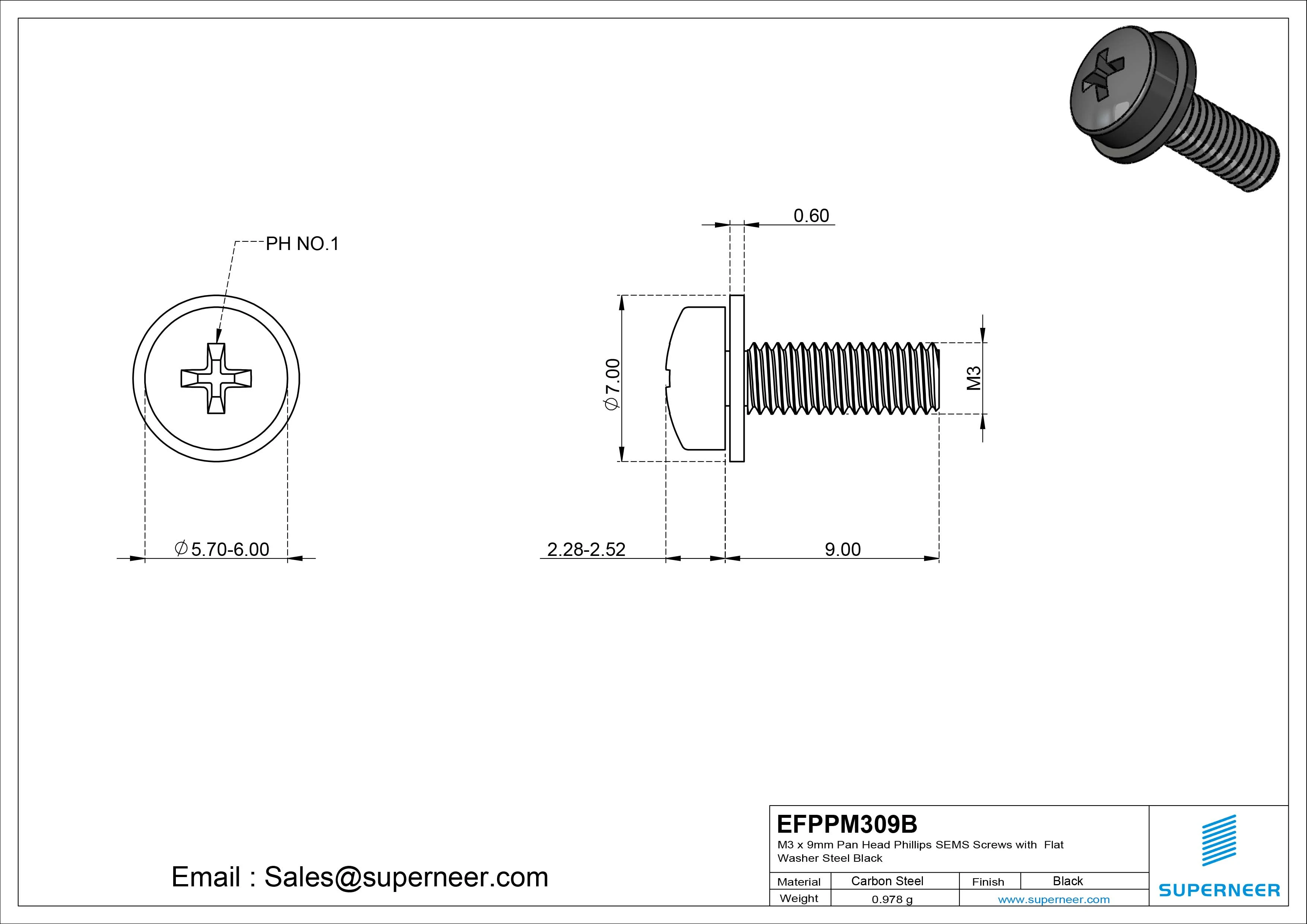 M3 x 9mm Pan Head Phillips SEMS Screws with Flat Washer Steel Black