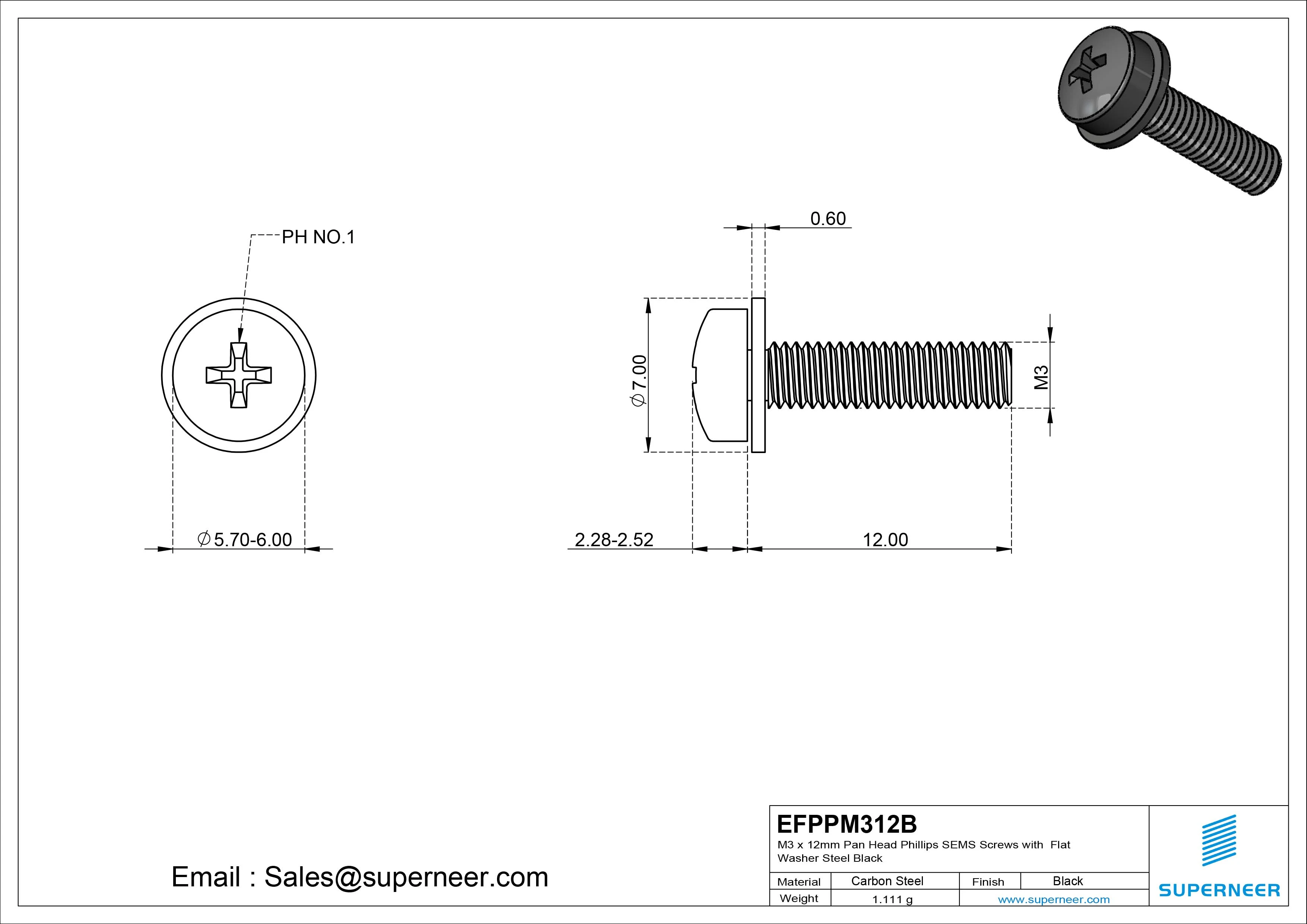 M3 x 12mm Pan Head Phillips SEMS Screws with Flat Washer Steel Black