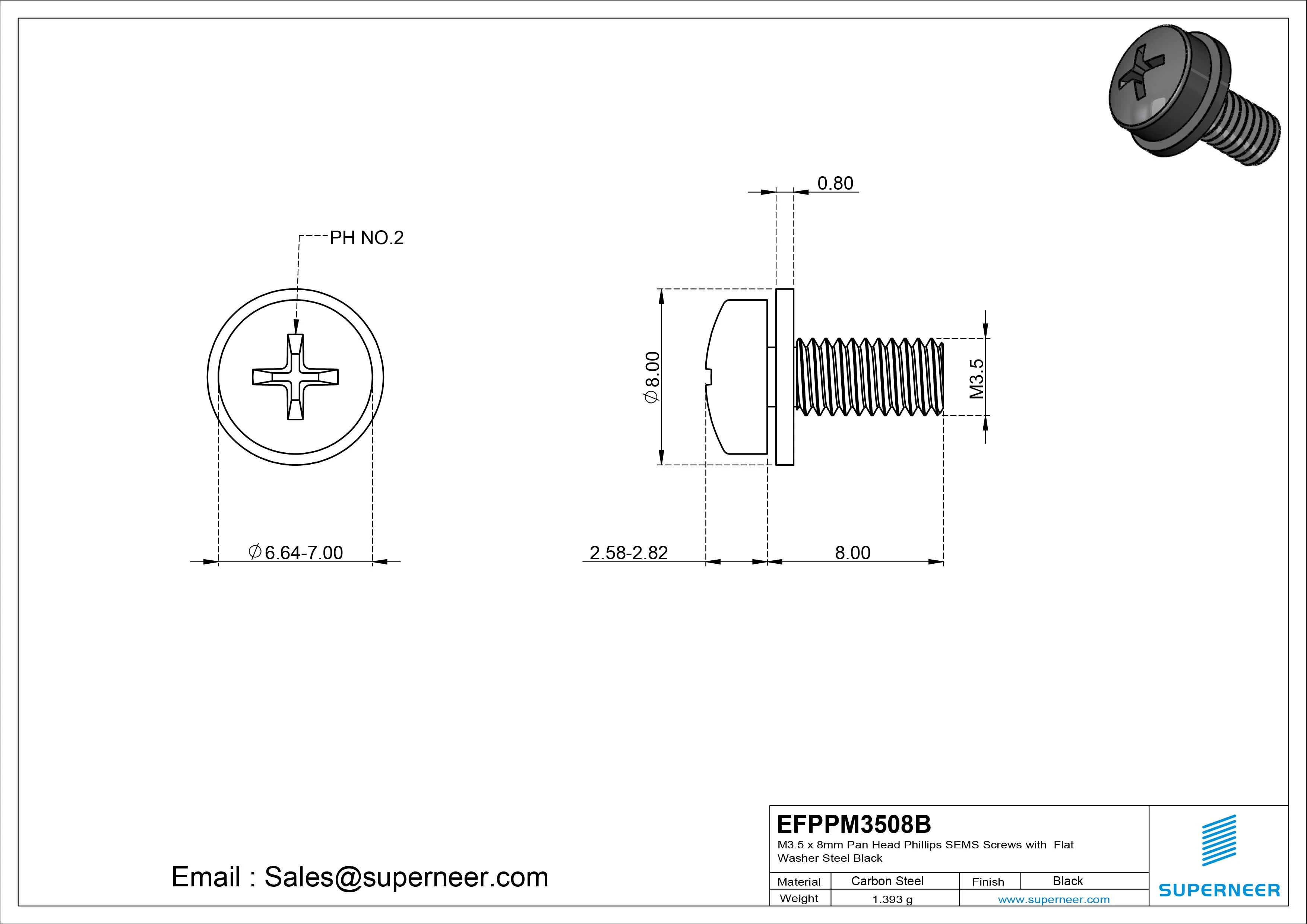 M3.5 x 8mm Pan Head Phillips SEMS Screws with Flat Washer Steel Black