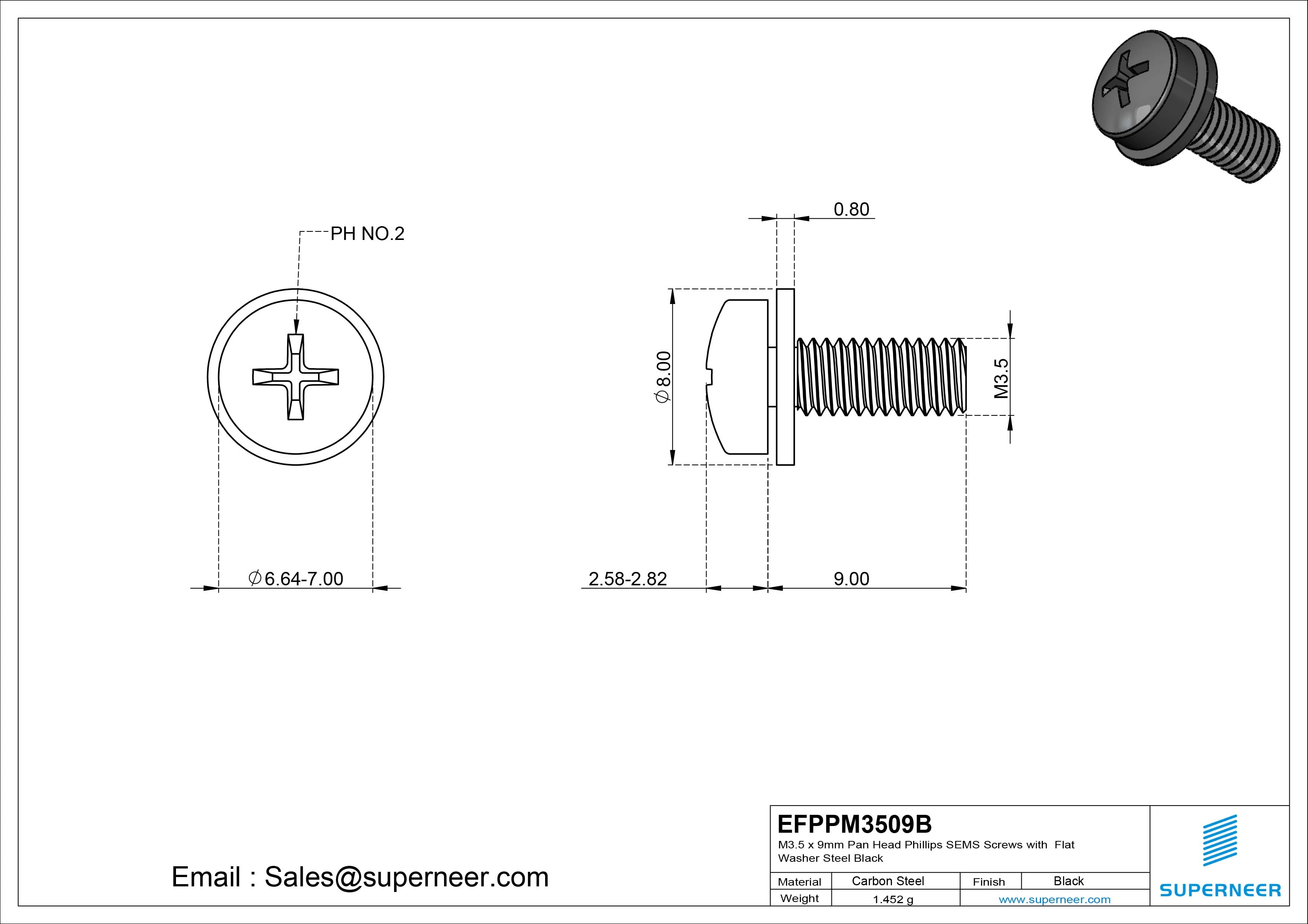 M3.5 x 9mm Pan Head Phillips SEMS Screws with Flat Washer Steel Black