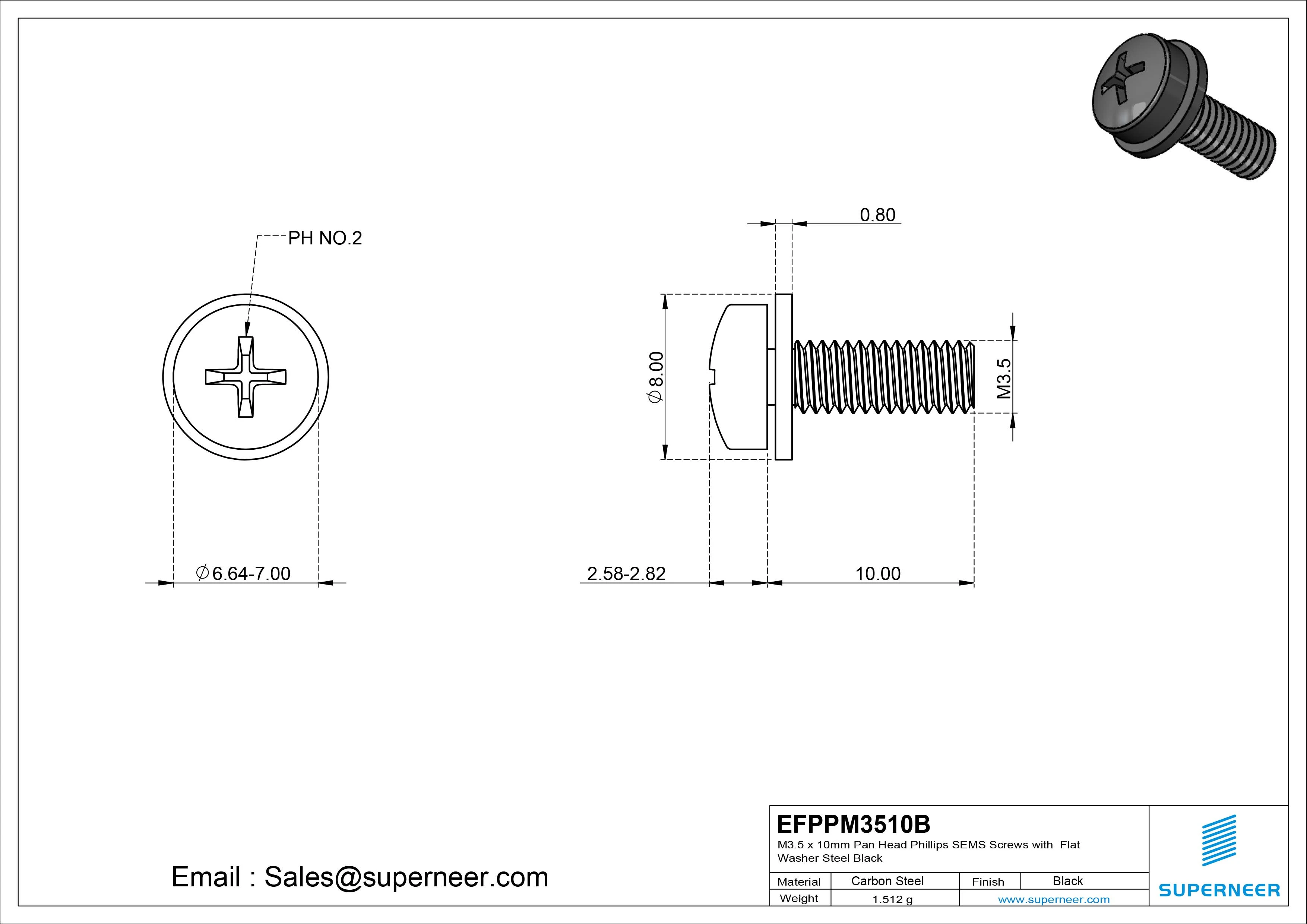 M3.5 x 10mm Pan Head Phillips SEMS Screws with Flat Washer Steel Black