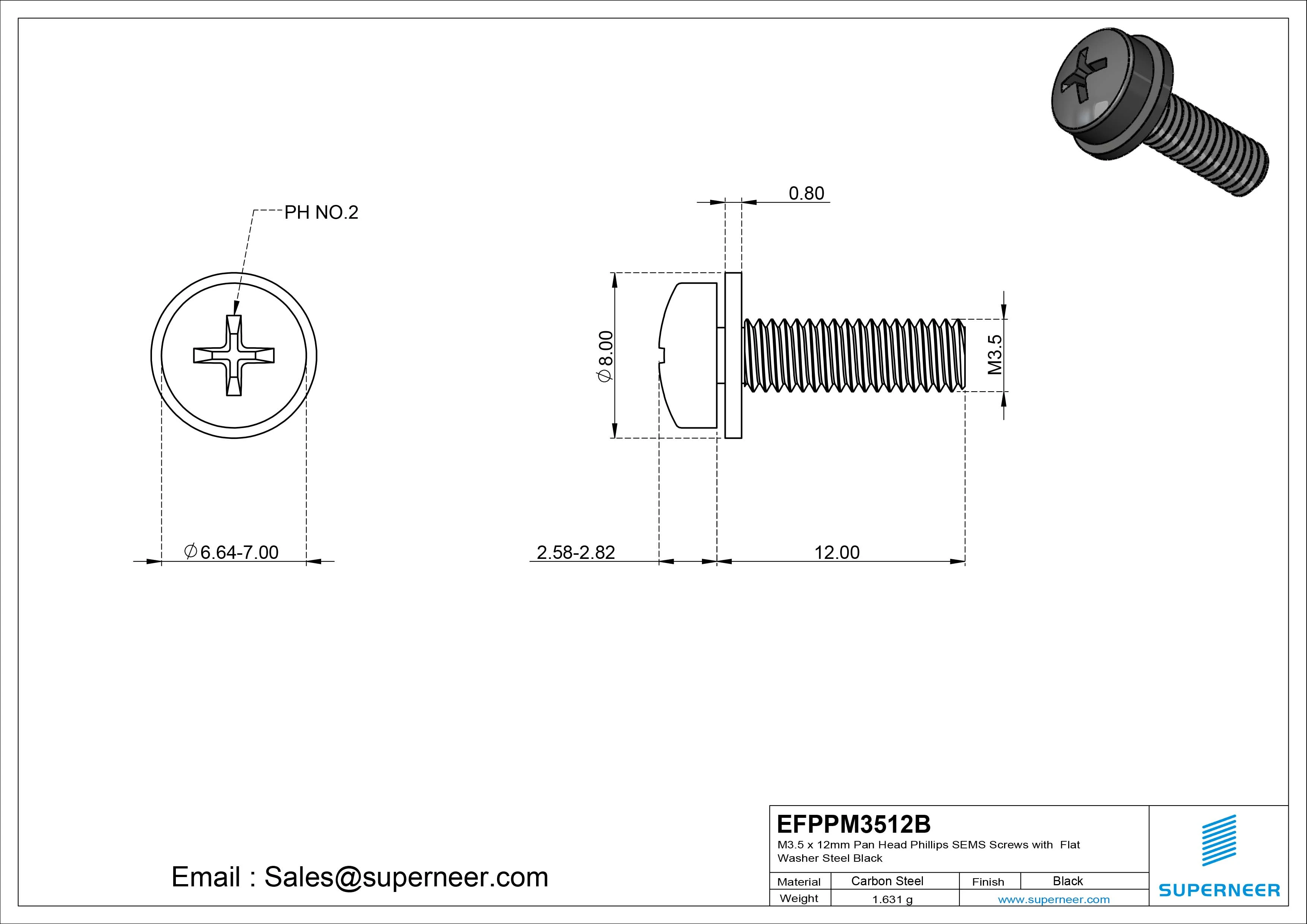 M3.5 x 12mm Pan Head Phillips SEMS Screws with Flat Washer Steel Black