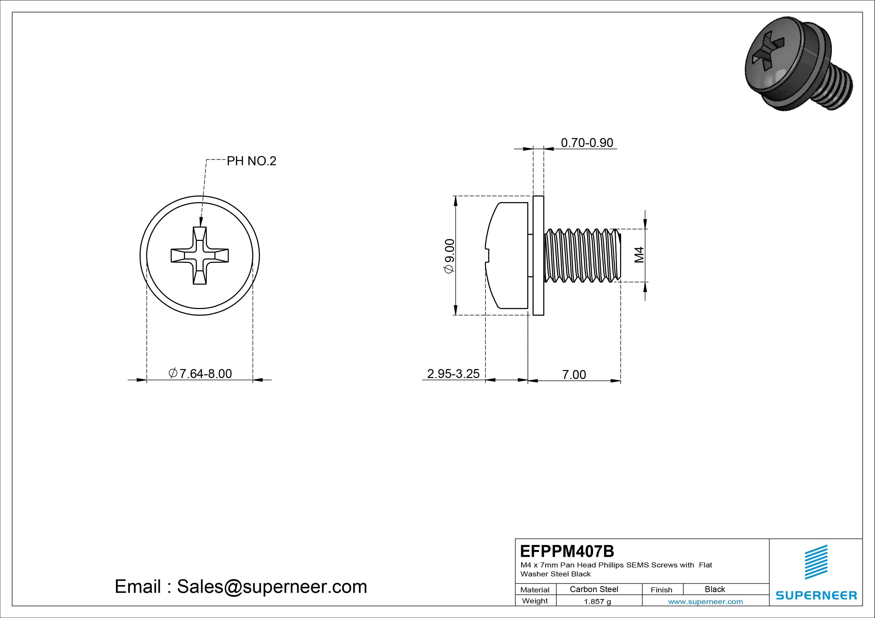 M4 x 7mm Pan Head Phillips SEMS Screws with Flat Washer Steel Black