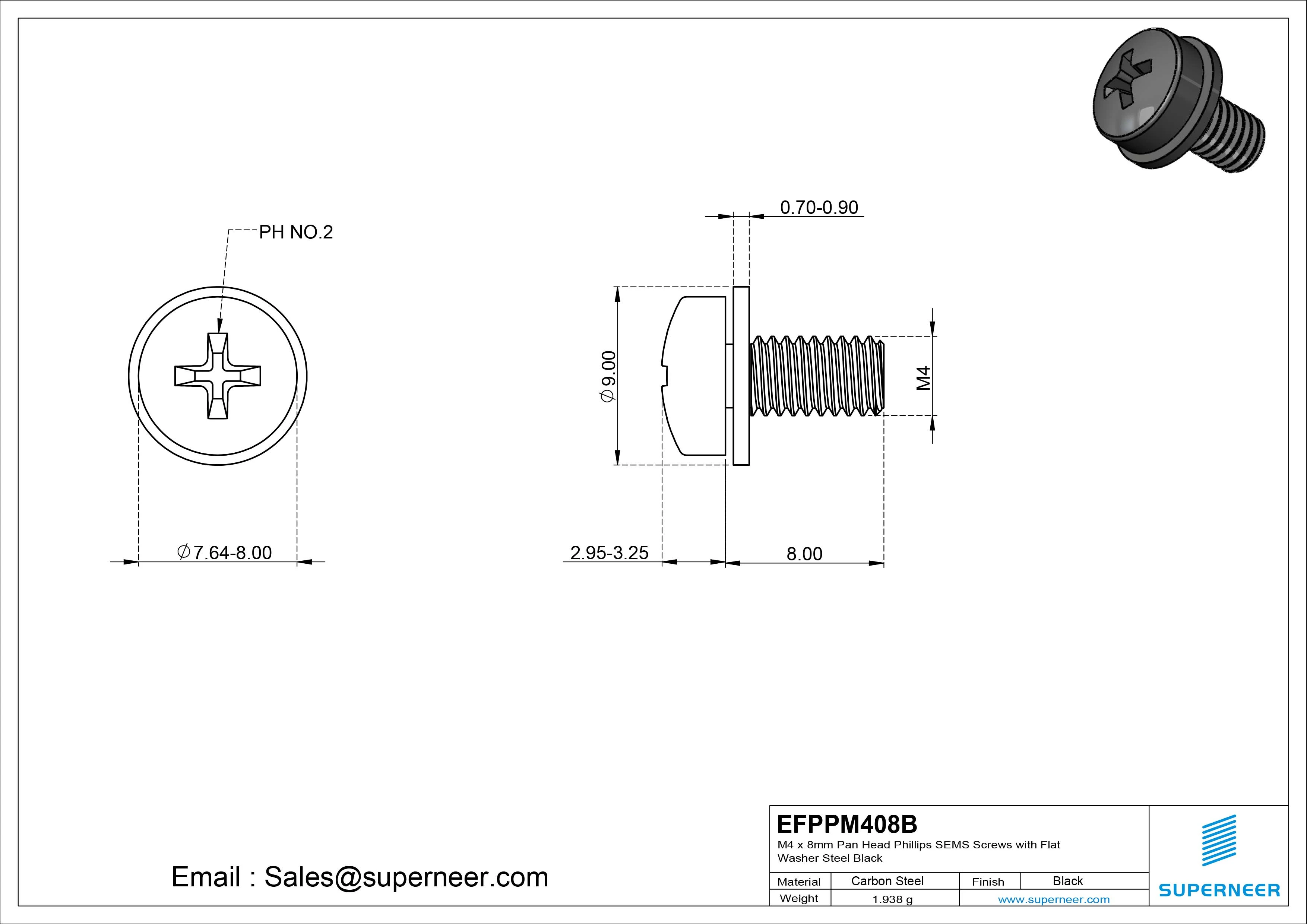 M4 x 8mm Pan Head Phillips SEMS Screws with Flat Washer Steel Black
