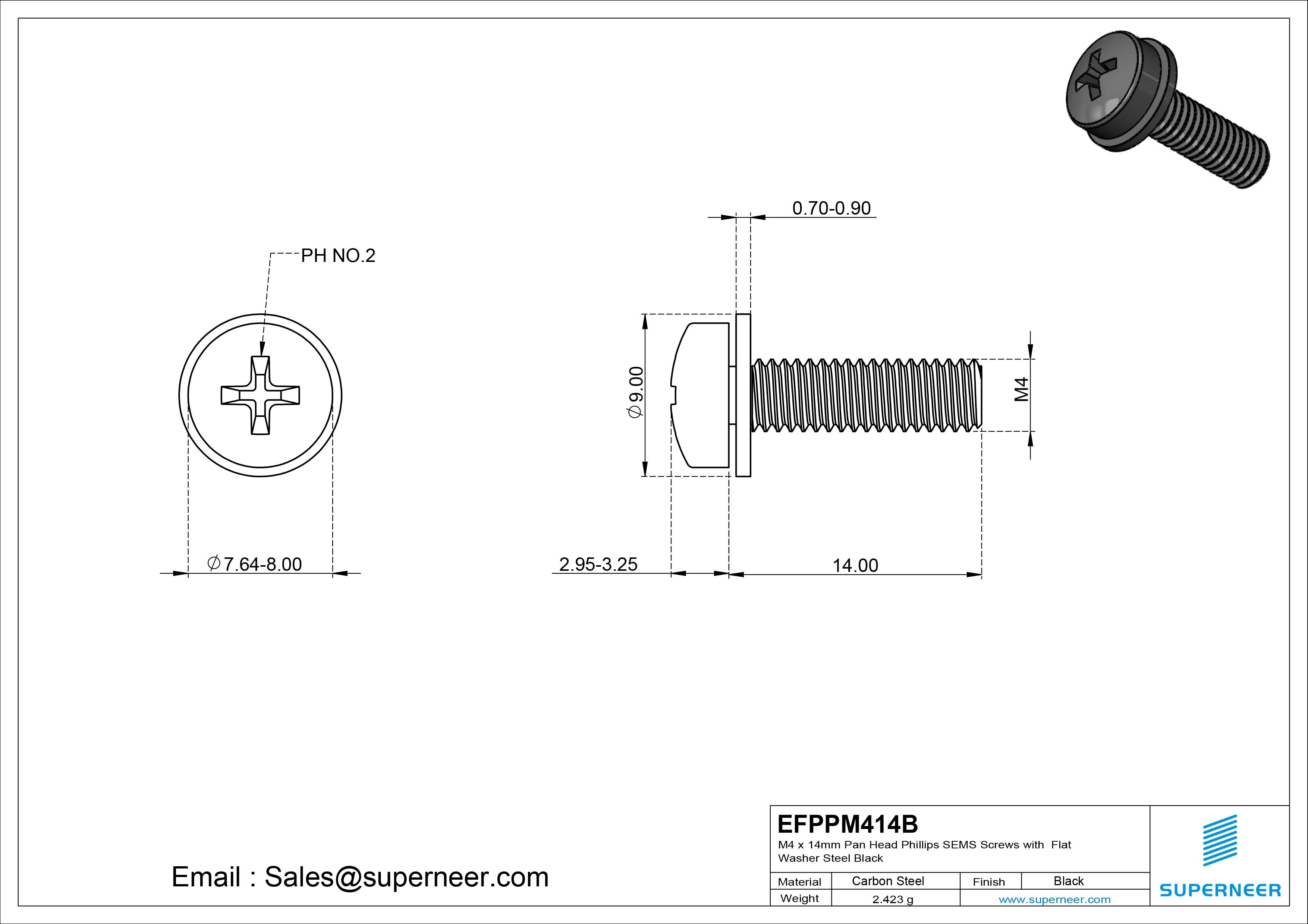 M4 x 14mm Pan Head Phillips SEMS Screws with Flat Washer Steel Black