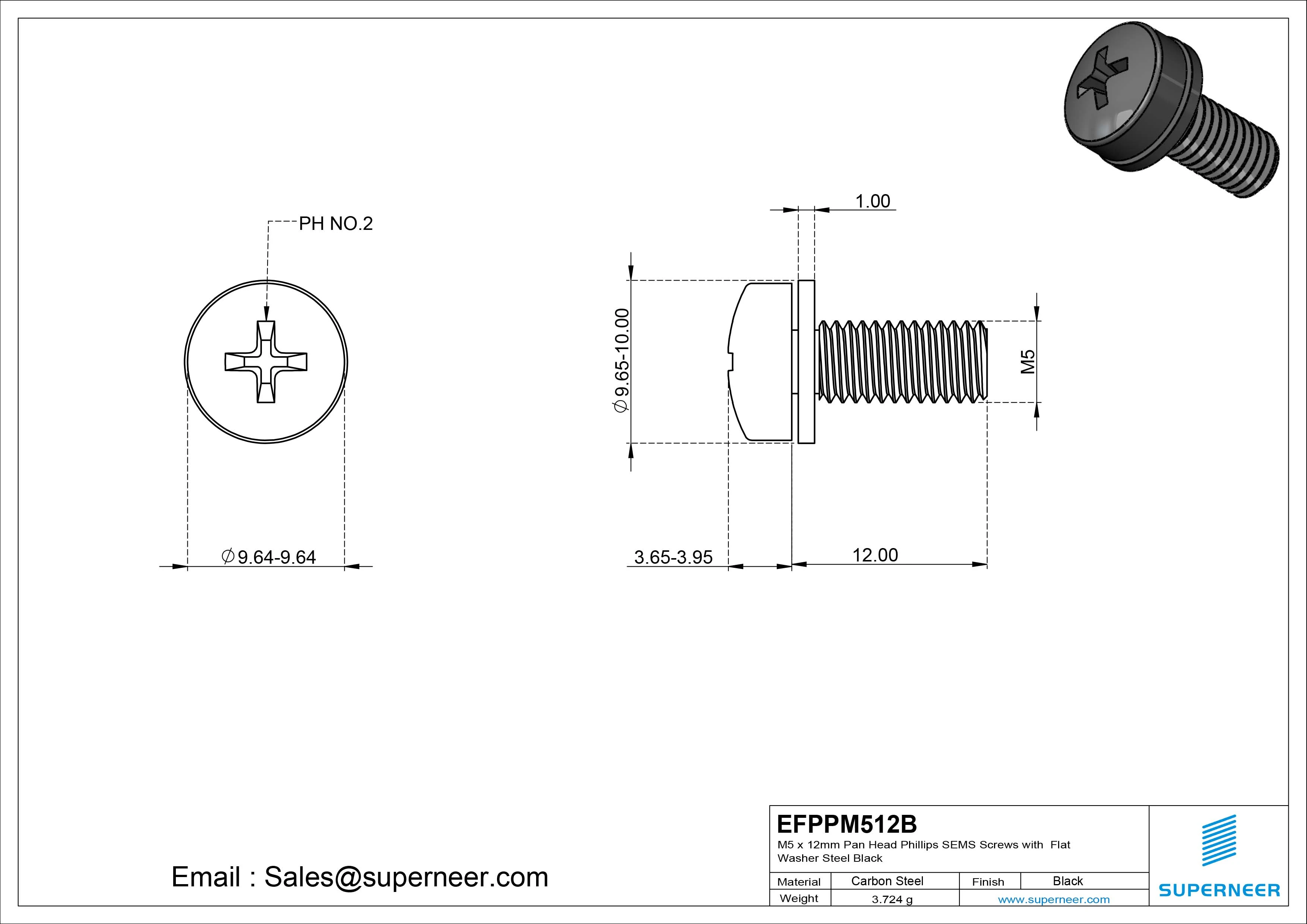 M5 x 12mm Pan Head Phillips SEMS Screws with Flat Washer Steel Black