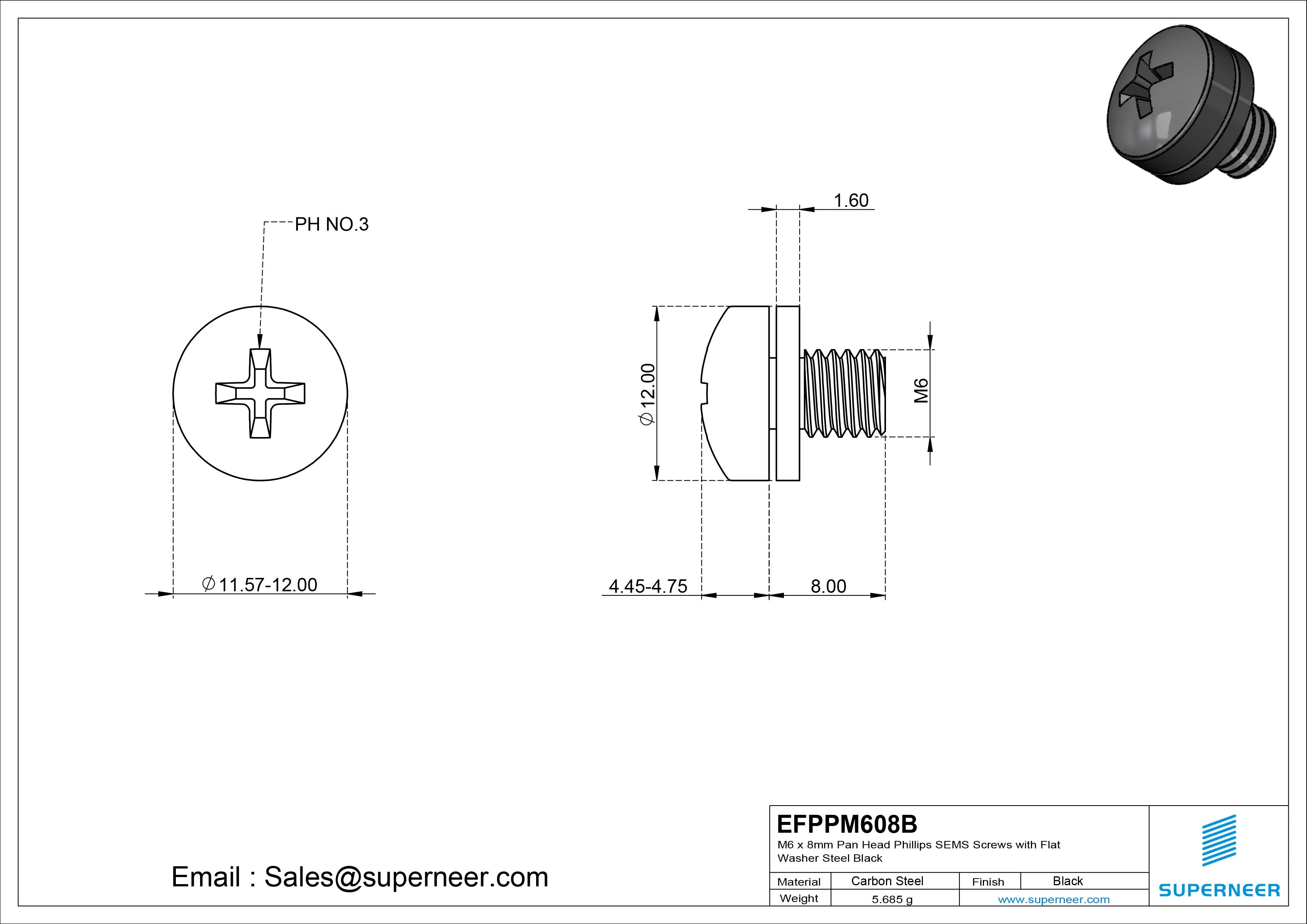 M6 x 8mm Pan Head Phillips SEMS Screws with Flat Washer Steel Black