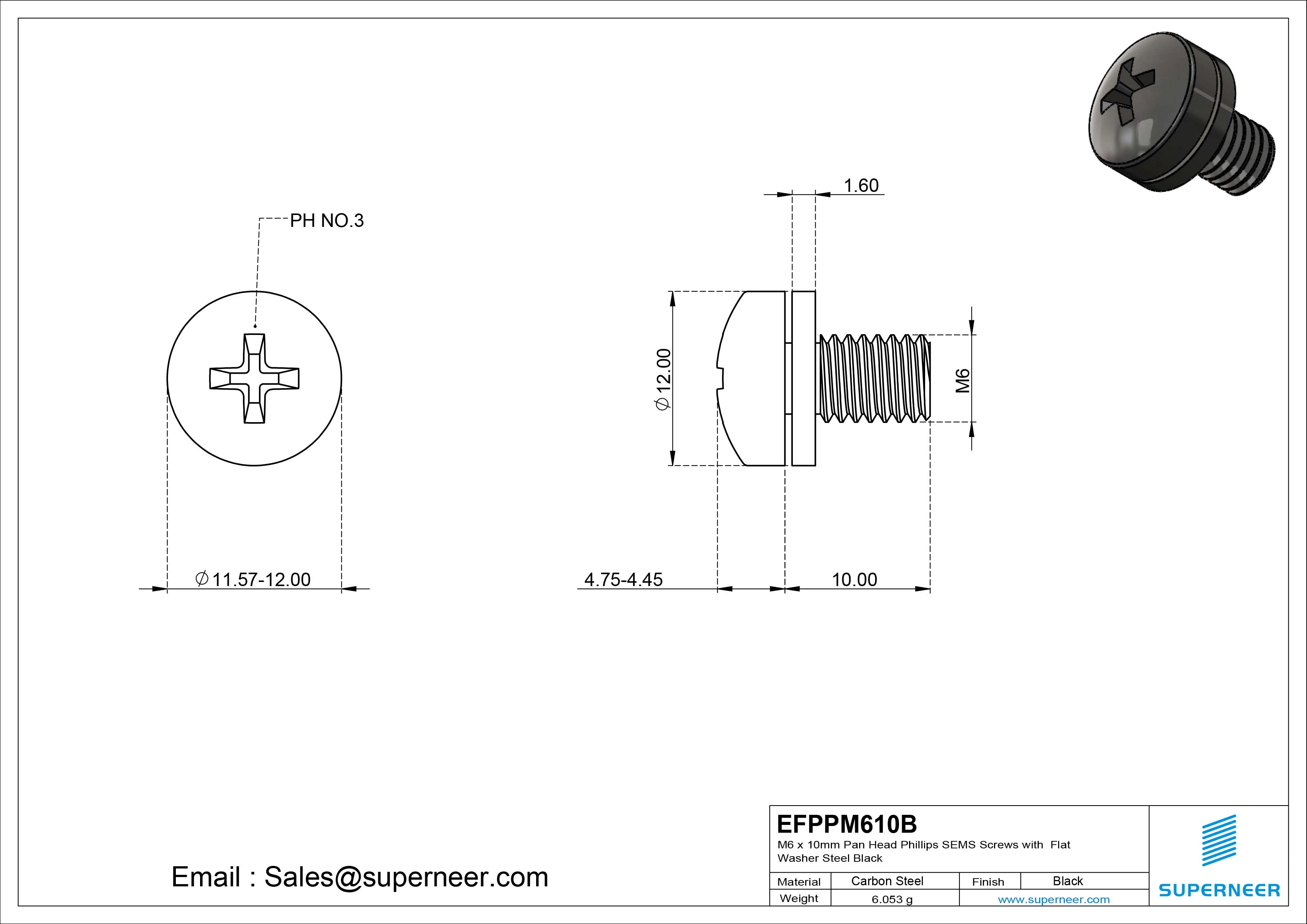 M6 x 12mm Pan Head Phillips SEMS Screws with Flat Washer Steel Black