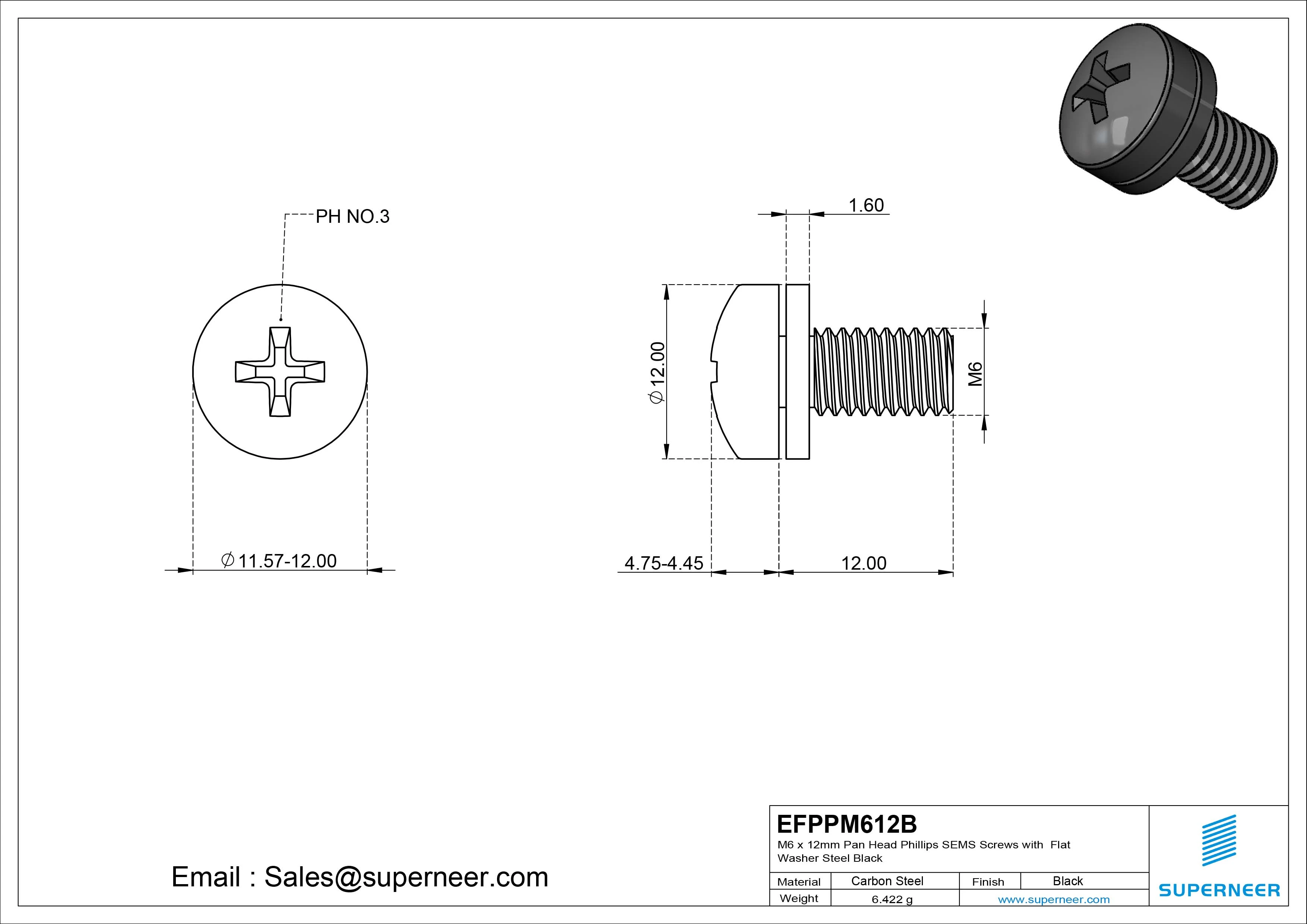 M6 x 14mm Pan Head Phillips SEMS Screws with Flat Washer Steel Black