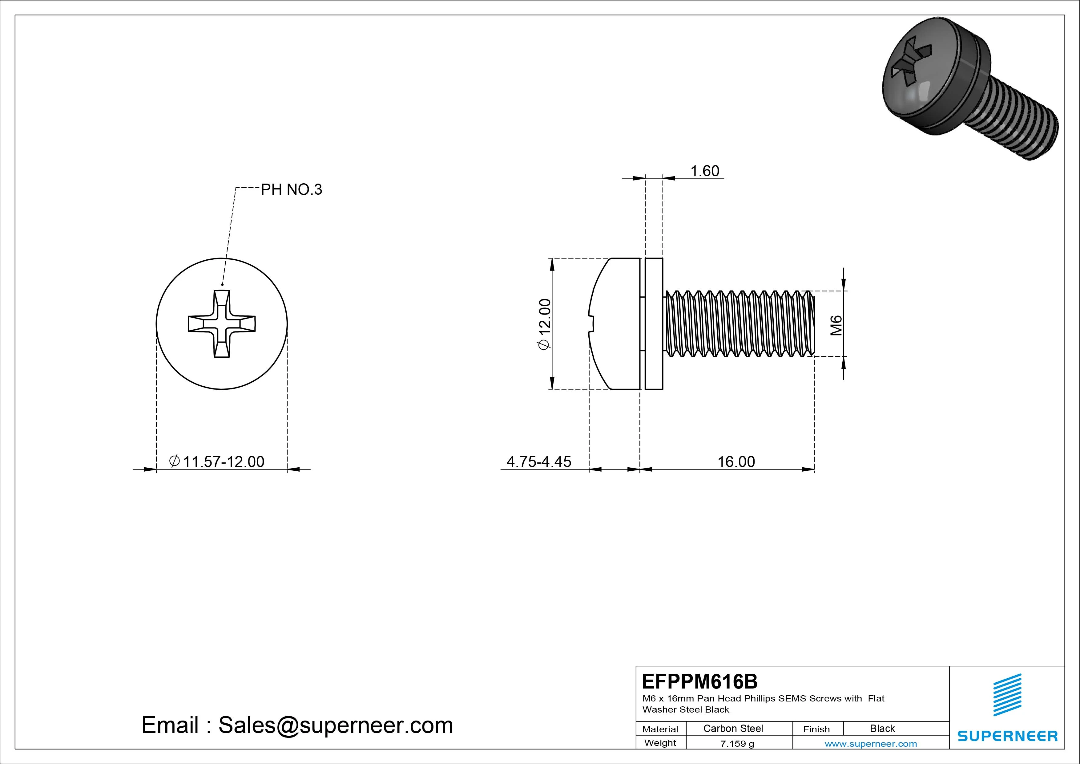 M6 x 16mm Pan Head Phillips SEMS Screws with Flat Washer Steel Black