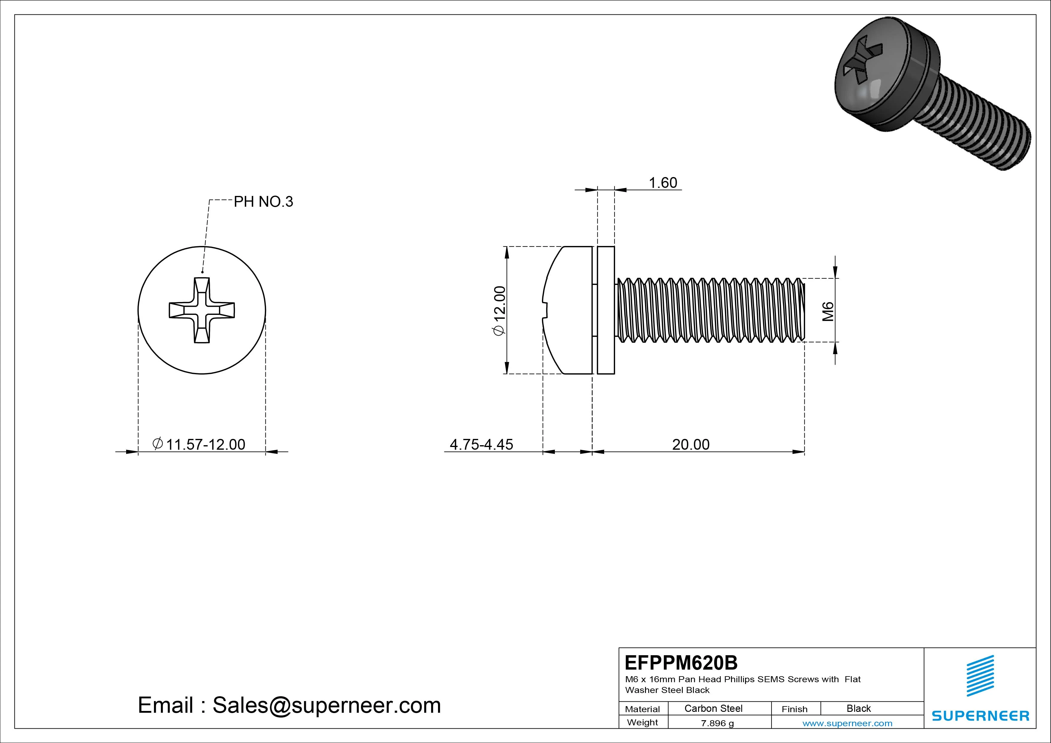 M6 x 20mm Pan Head Phillips SEMS Screws with Flat Washer Steel Black