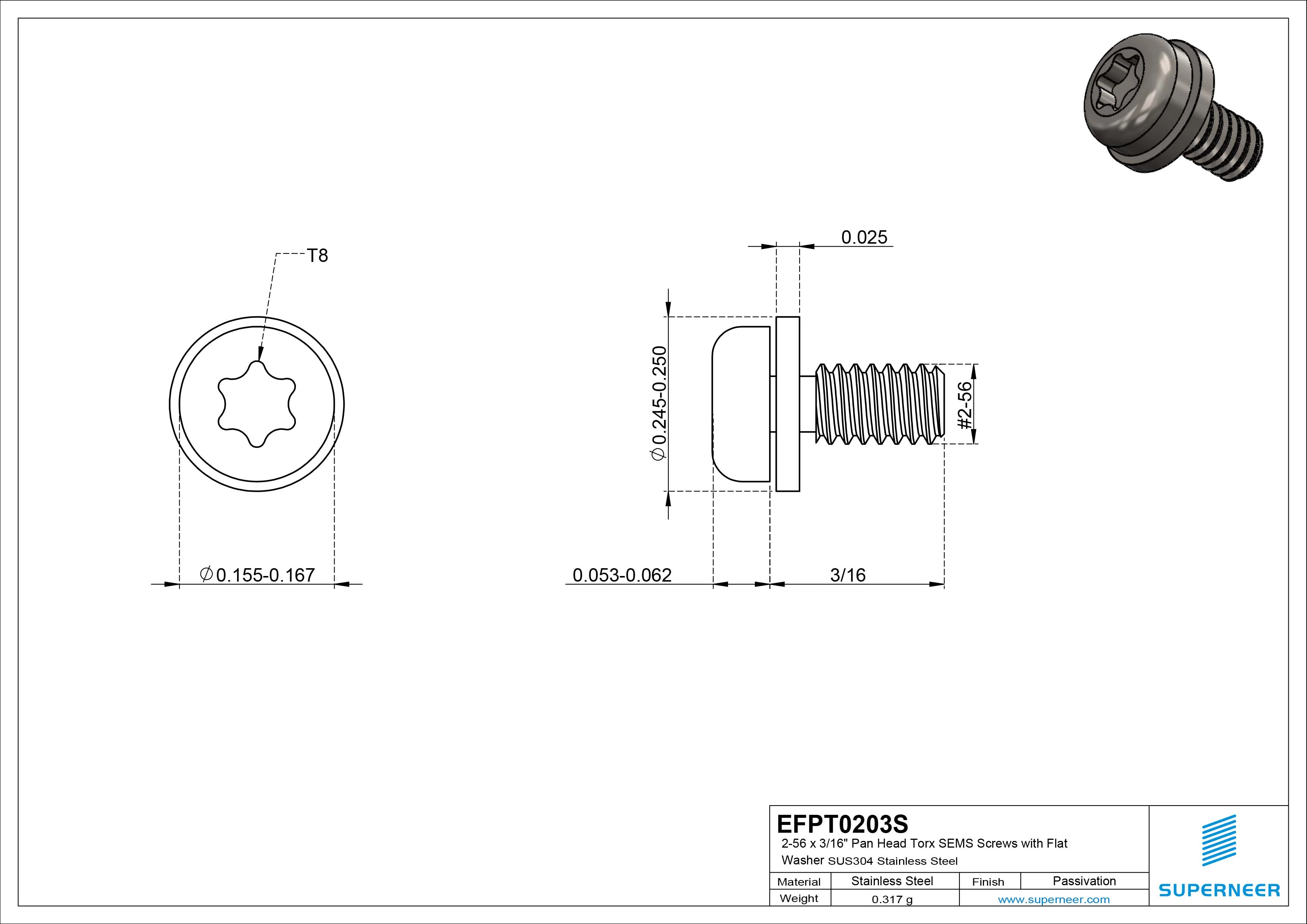 2-56 x 3/16" Pan Head Torx SEMS Screws with Flat Washer SUS304 Stainless Steel Inox