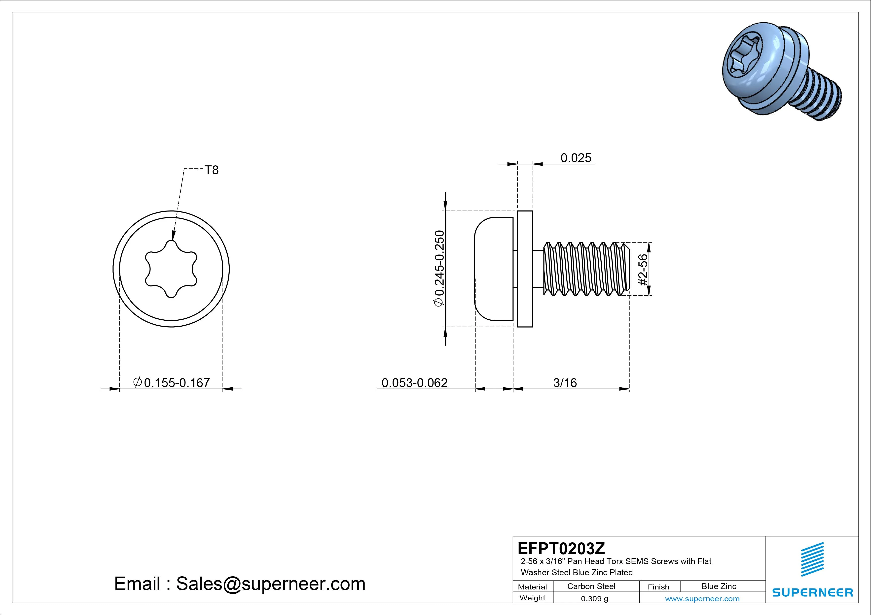2-56 x 3/16" Pan Head Torx SEMS Screws with Flat Washer Steel Blue Zinc Plated