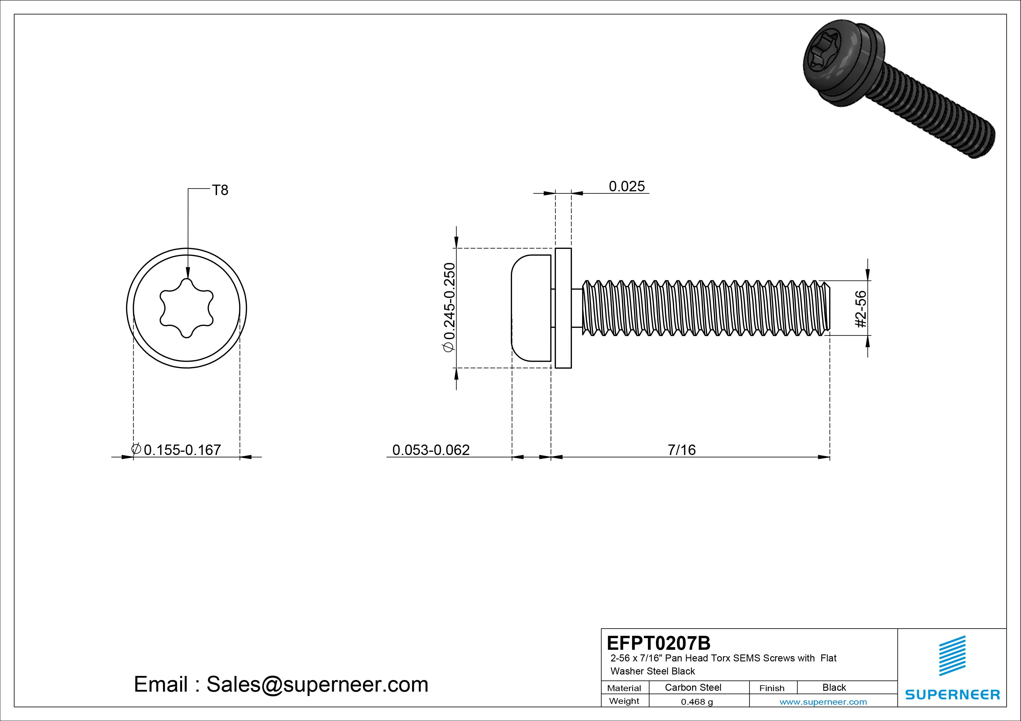 2-56 x 7/16" Pan Head Torx SEMS Screws with Flat Washer Steel Black