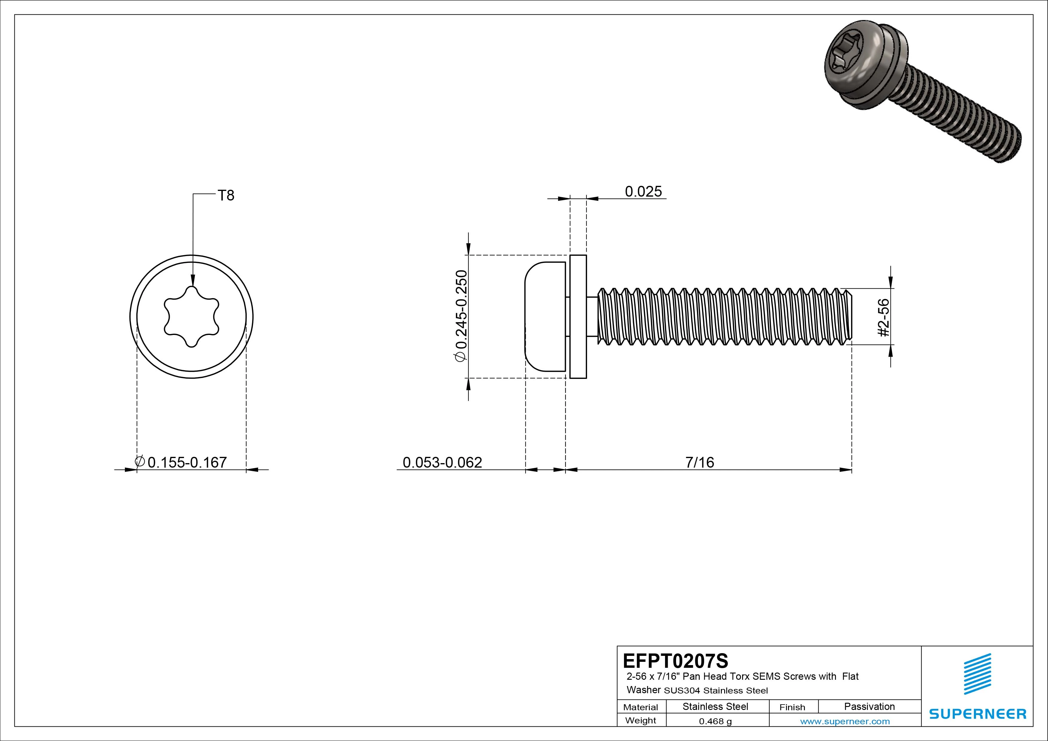 2-56 x 7/16" Pan Head Torx SEMS Screws with Flat Washer SUS304 Stainless Steel Inox