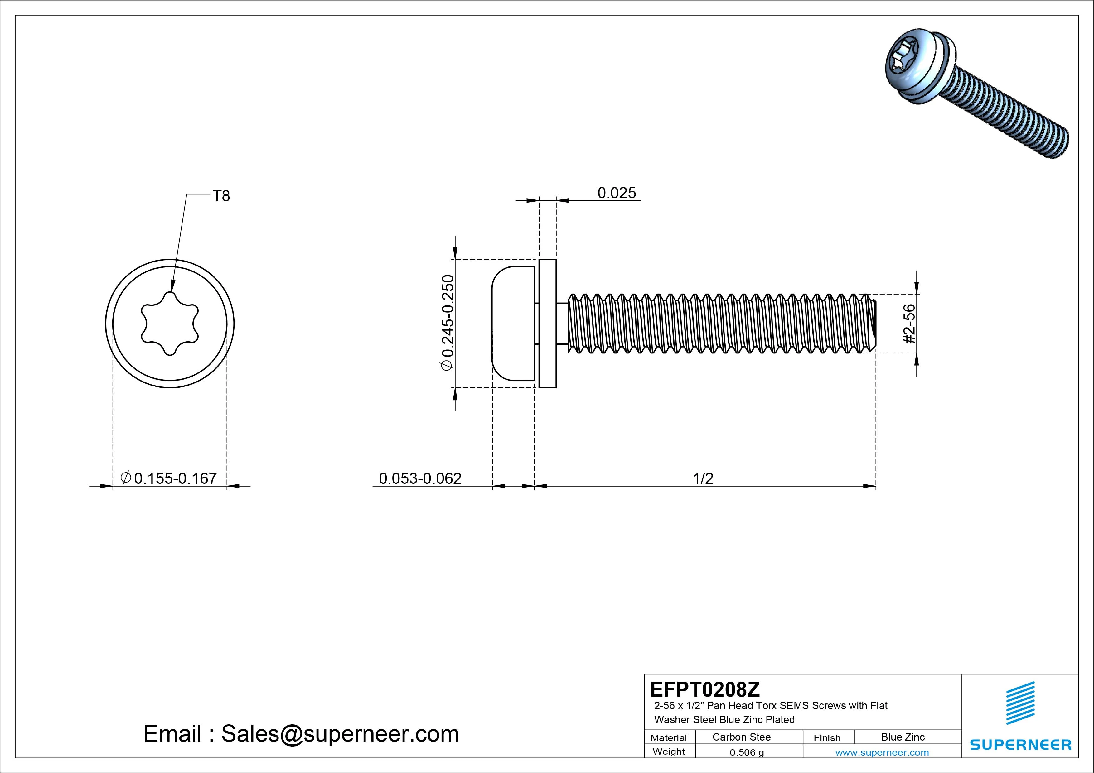 2-56 x 1/2" Pan Head Torx SEMS Screws with Flat Washer Steel Blue Zinc Plated