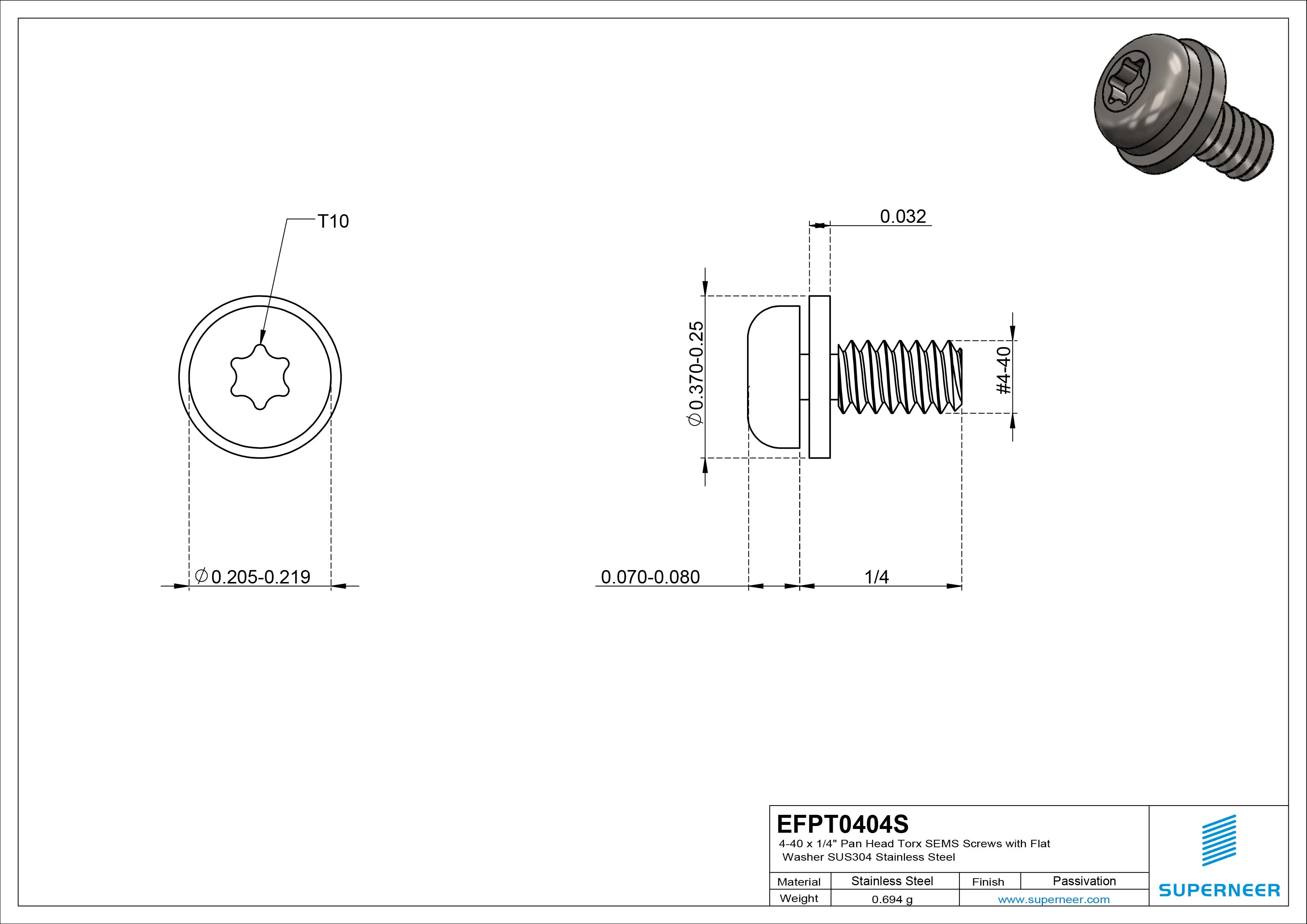 4-40 x 1/4" Pan Head Torx SEMS Screws with Flat Washer SUS304 Stainless Steel Inox