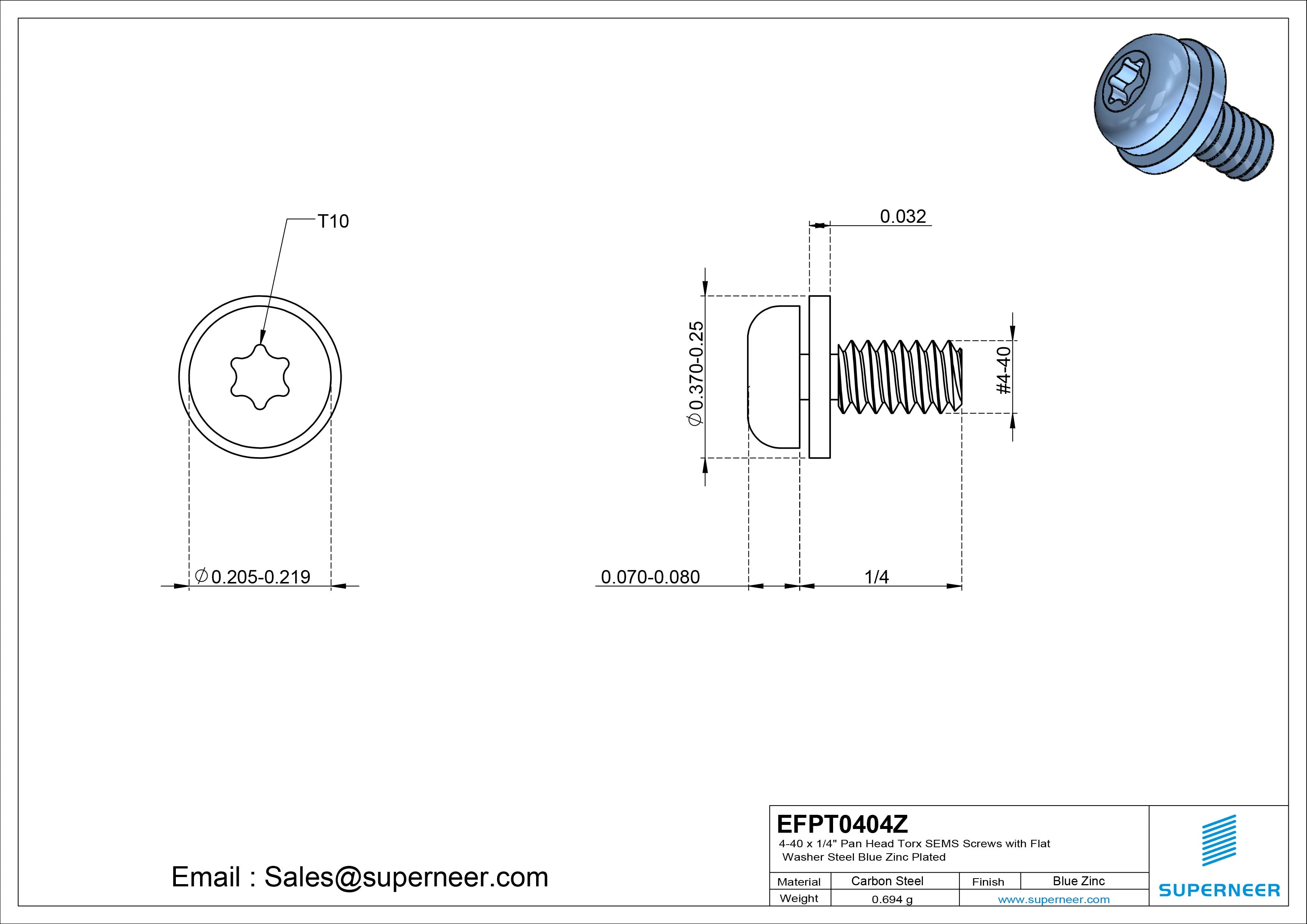 4-40 x 1/4" Pan Head Torx SEMS Screws with Flat Washer Steel Blue Zinc Plated